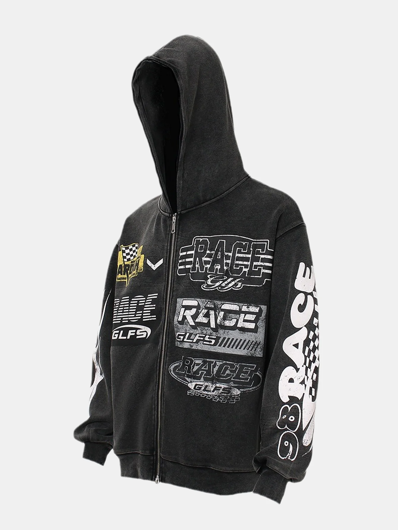 Racing Print Used Reißverschluss Kapuzenpullover - Image 4