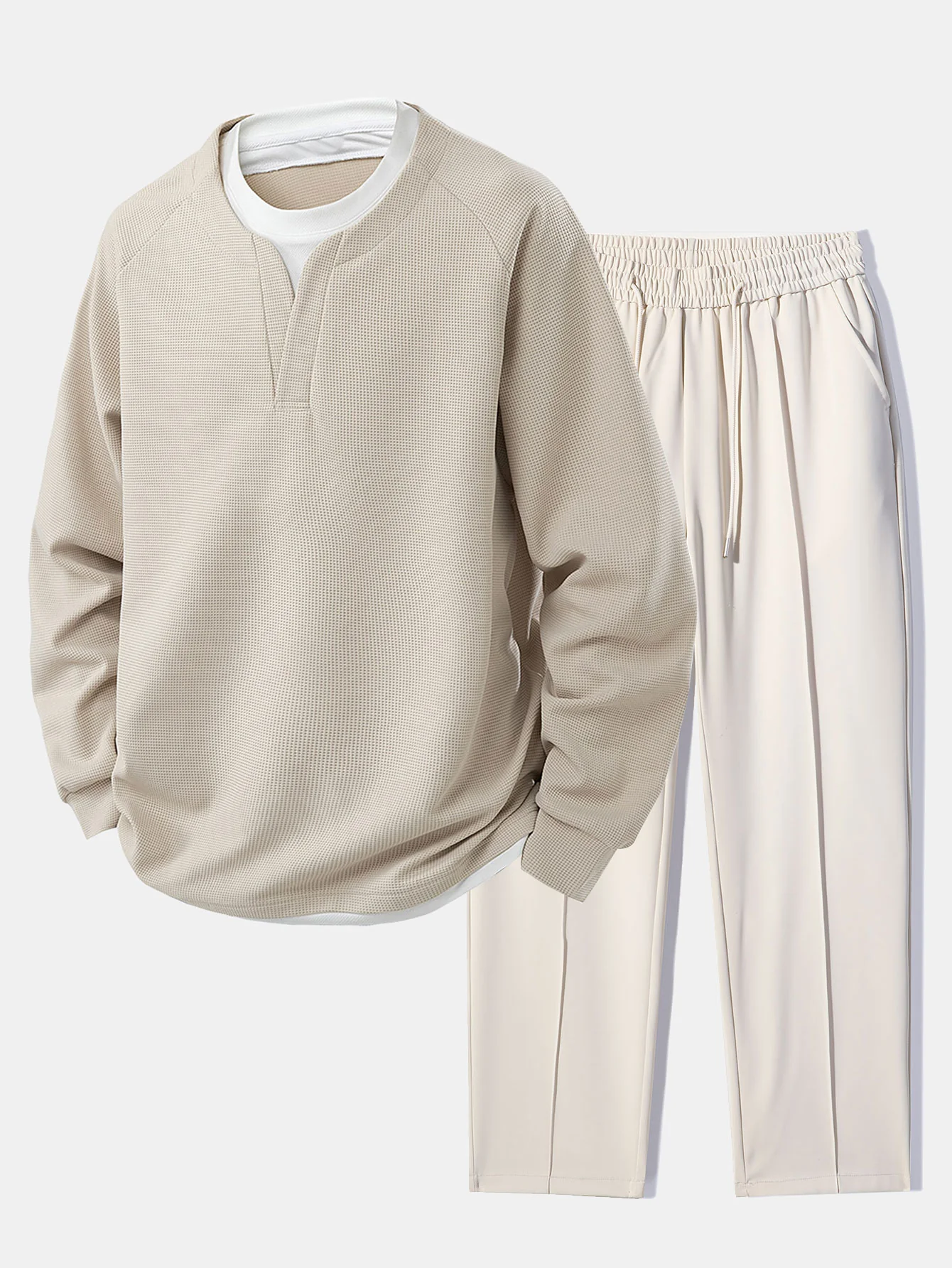 Raglanärmel 2 in 1 Waffel-T-Shirt & Hose mit einfachem Bundfalten und Kordelzug, gerade geschnitten - Image 2