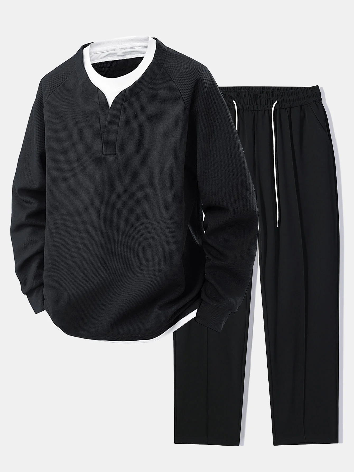 Raglanärmel 2 in 1 Waffel-T-Shirt & Hose mit einfachem Bundfalten und Kordelzug, gerade geschnitten - Image 3