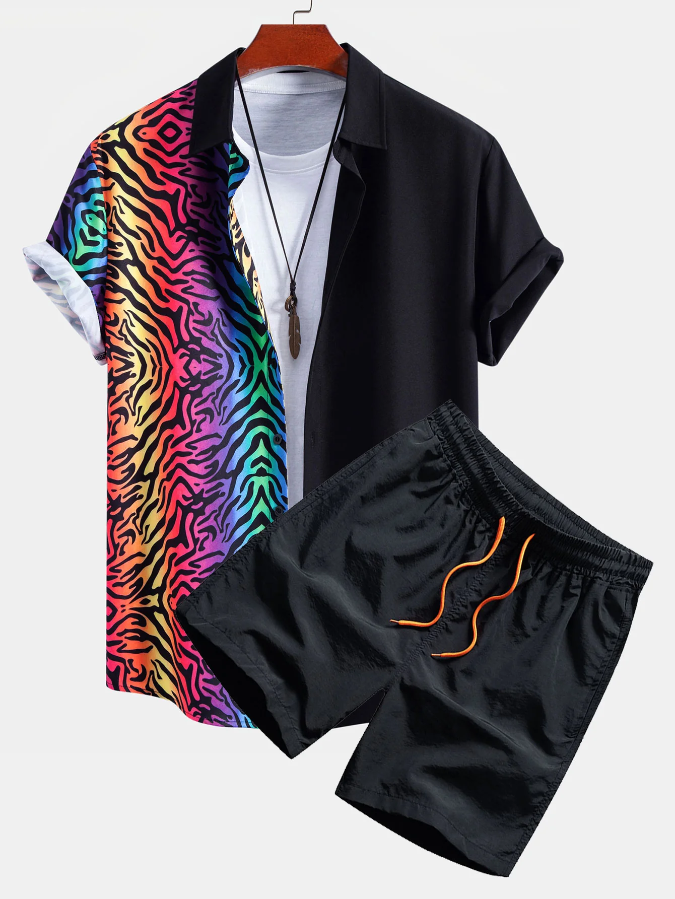 Tiger Patchwork Button Up Shirt & Swim Shorts