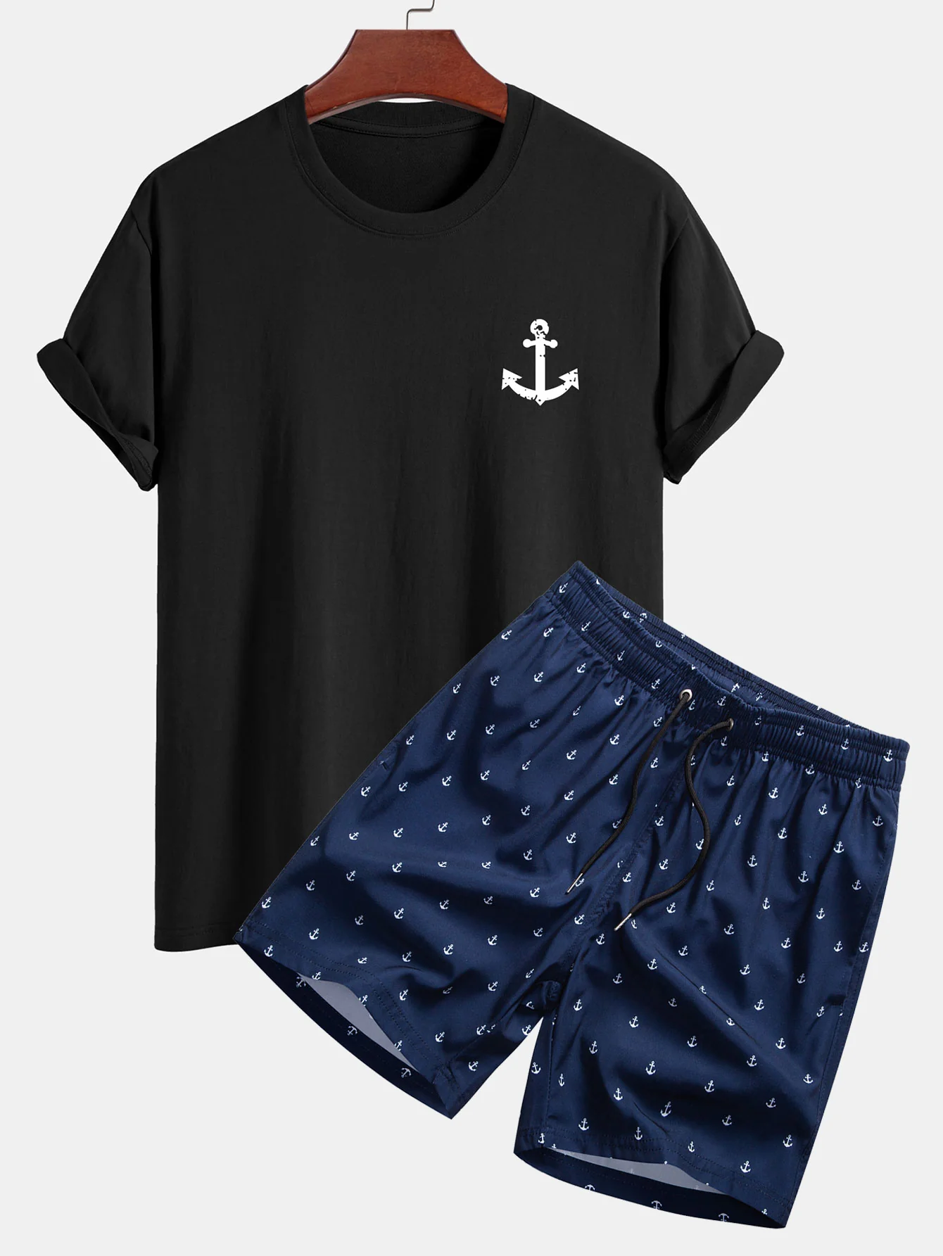 Regular Fit Ankerdruck Baumwoll-T-Shirt & Ankerdruck Kordelzug Swim Shorts - Image 2