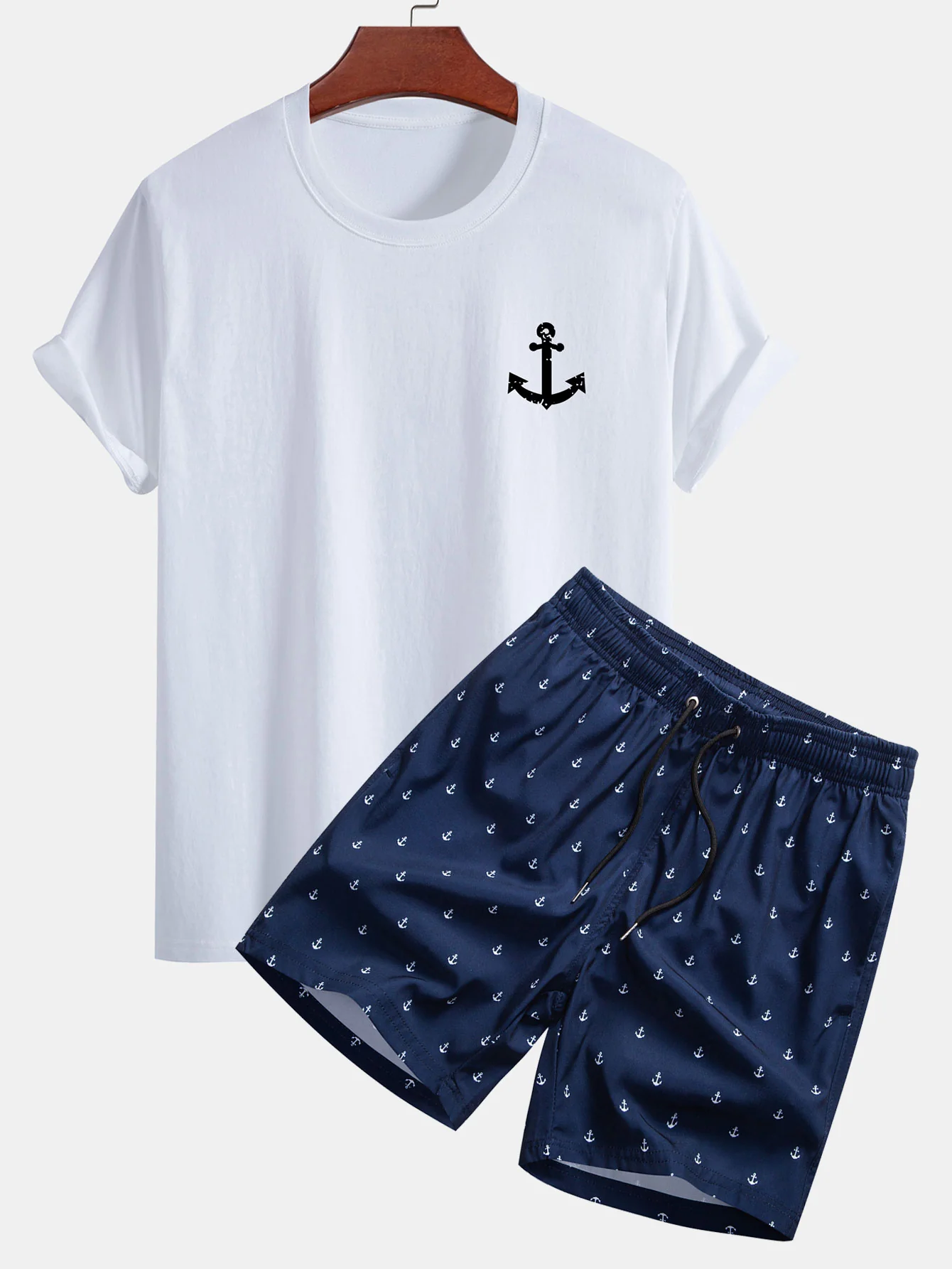 Regular Fit Ankerdruck Baumwoll-T-Shirt & Ankerdruck Kordelzug Swim Shorts - Image 3