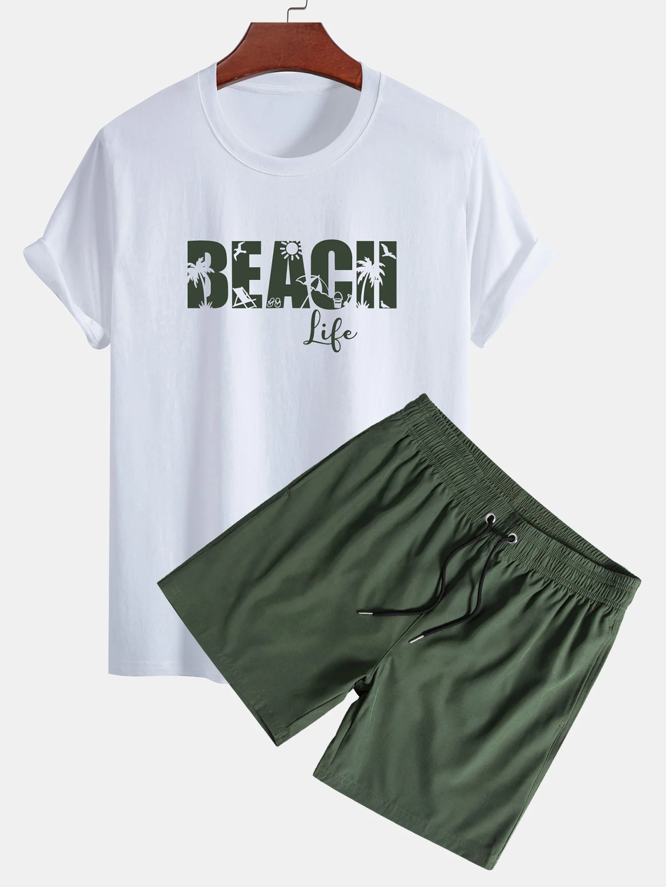 Regular Fit Beach Life Print Baumwoll-T-Shirt & Kordelzug Shorts