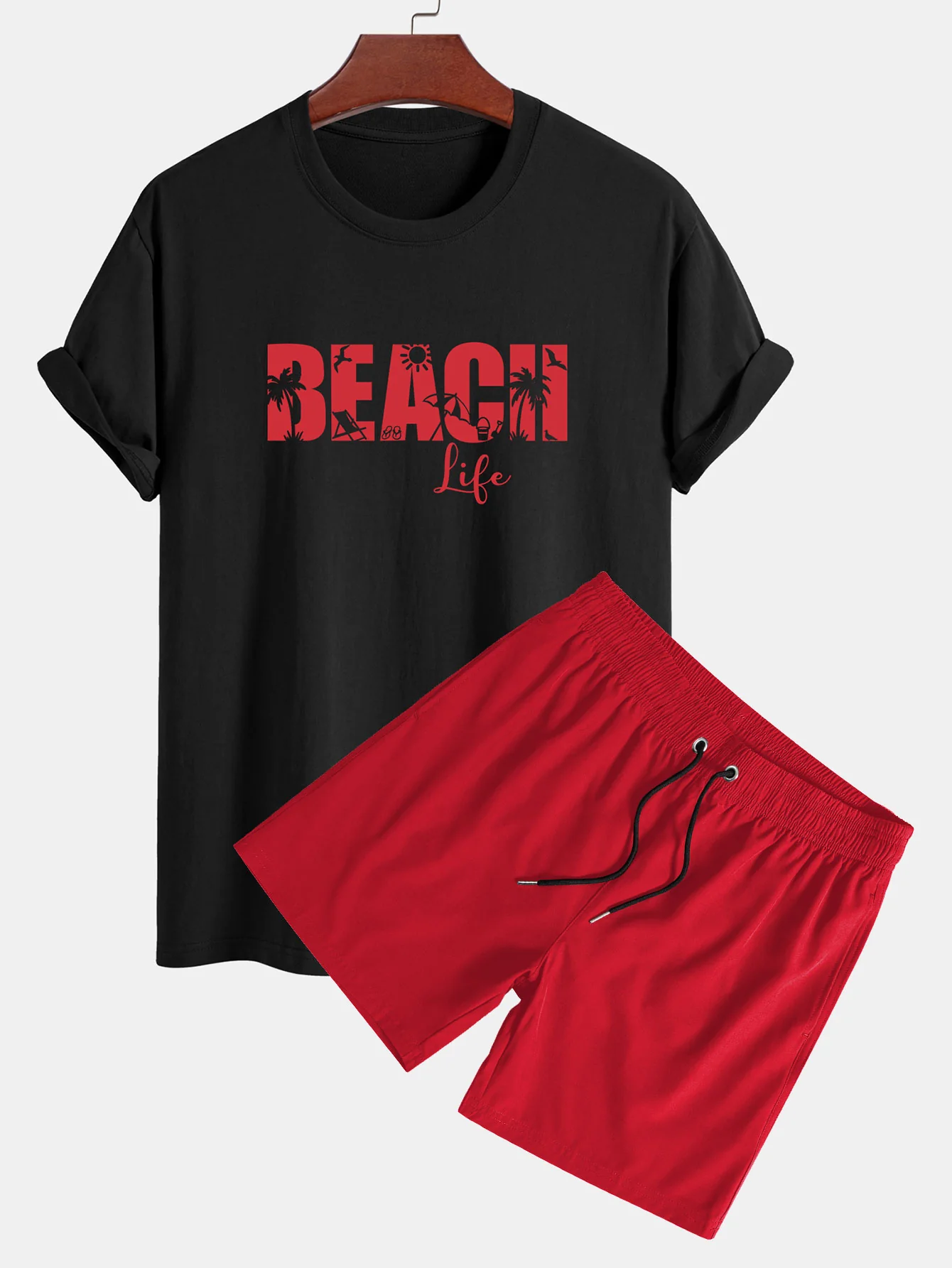 Regular Fit Beach Life Print Baumwoll-T-Shirt & Kordelzug Shorts - Image 2