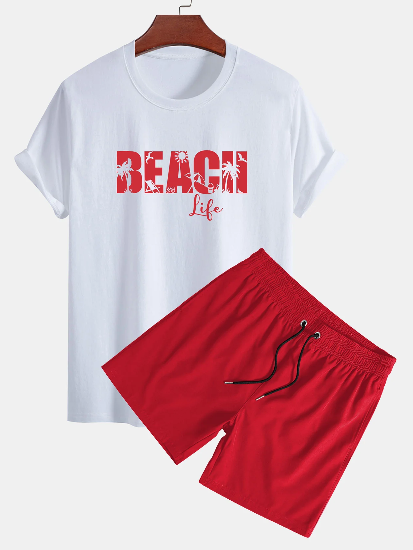 Regular Fit Beach Life Print Baumwoll-T-Shirt & Kordelzug Shorts - Image 3