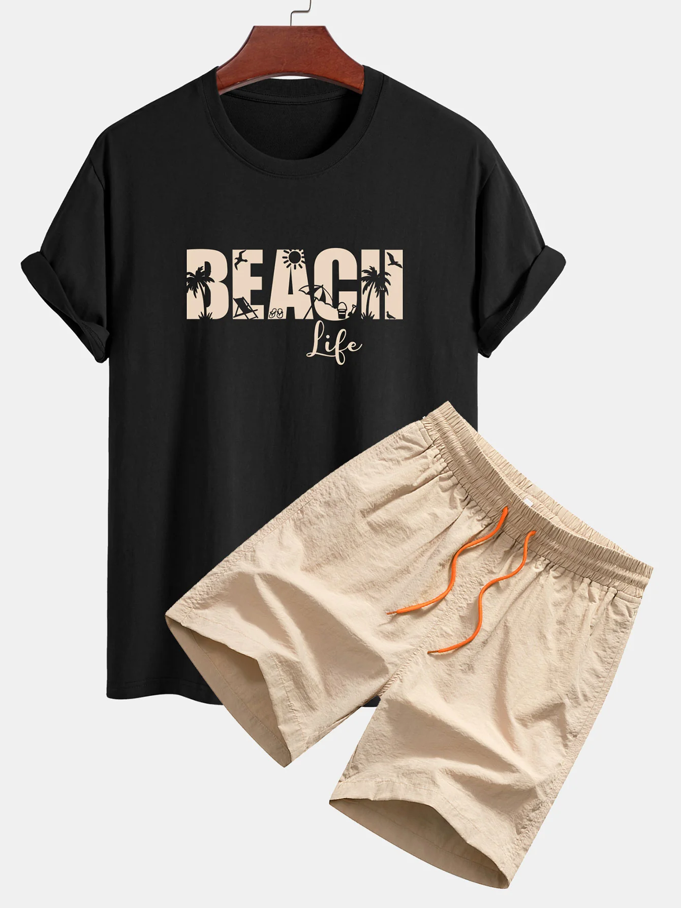 Regular Fit Beach Life Print Baumwoll-T-Shirt & Kordelzug Shorts - Image 2