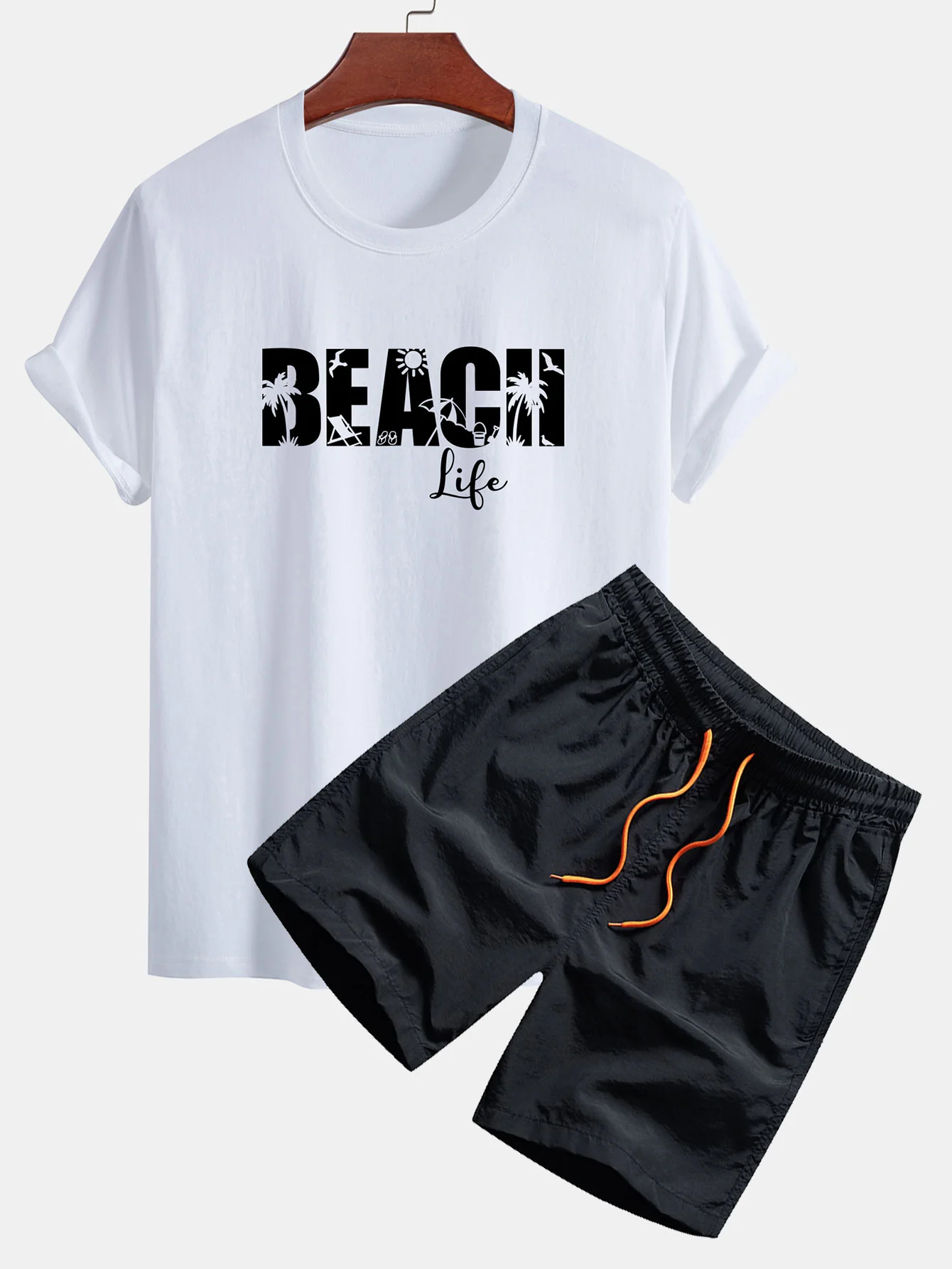 Regular Fit Beach Life Print Baumwoll-T-Shirt & Kordelzug Shorts - Image 3