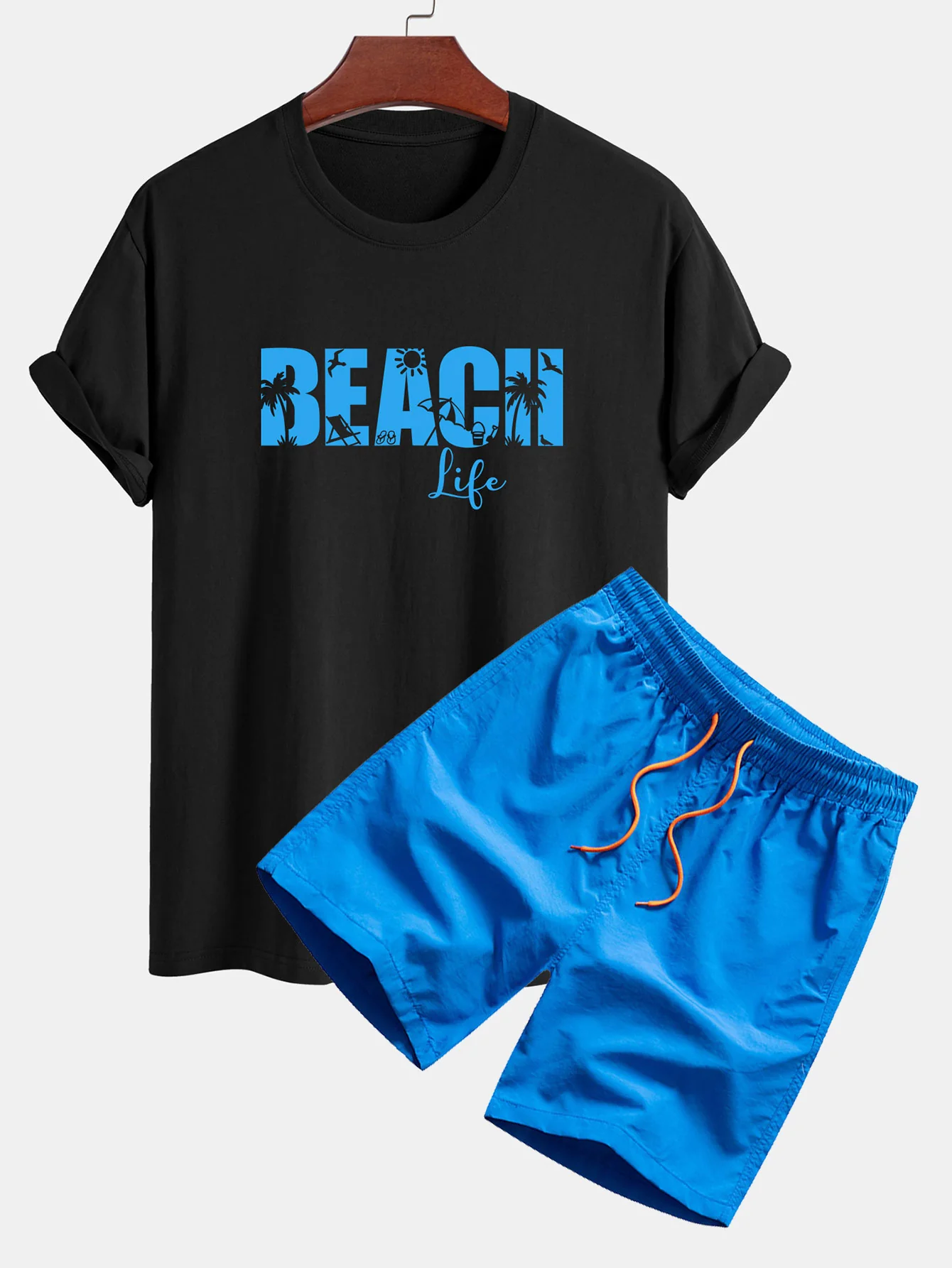 Regular Fit Beach Life Print Baumwoll-T-Shirt & Kordelzug Shorts - Image 6