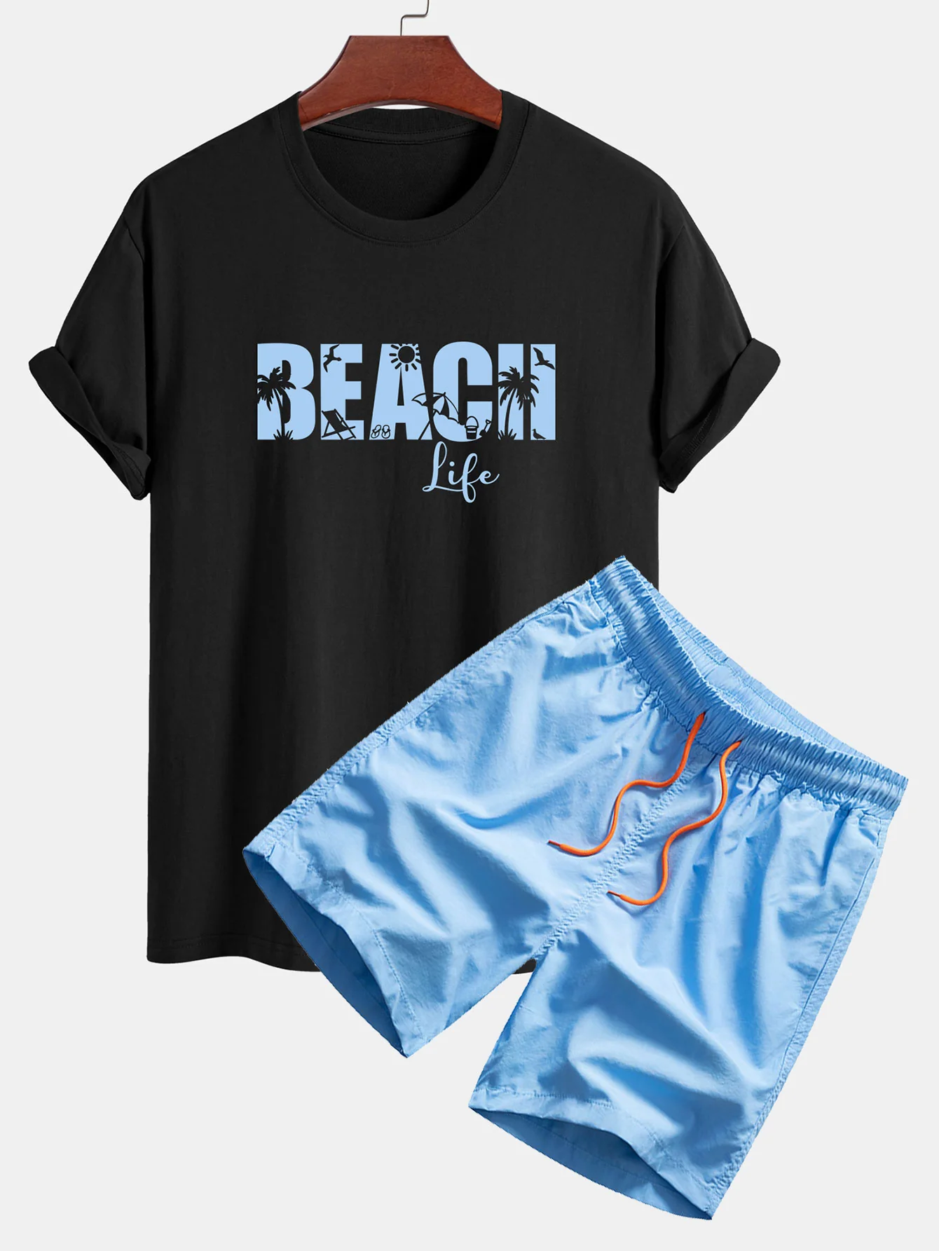 Regular Fit Beach Life Print Baumwoll-T-Shirt & Kordelzug Shorts - Image 7