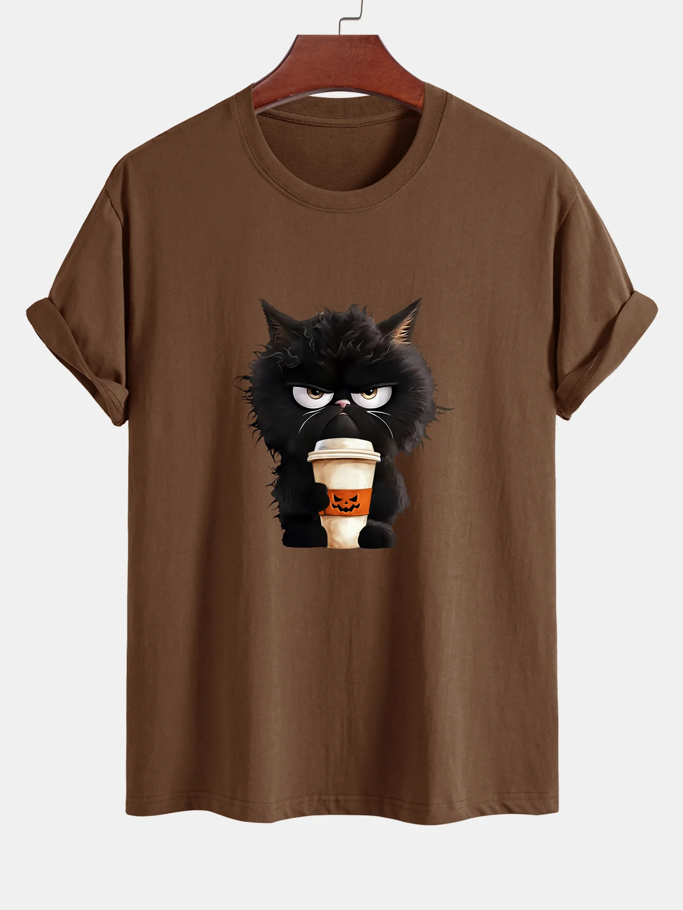 Regular Fit Schwarzes Katzen-Motiv Kaffeetrinkendes Baumwoll-T-Shirt - Image 10