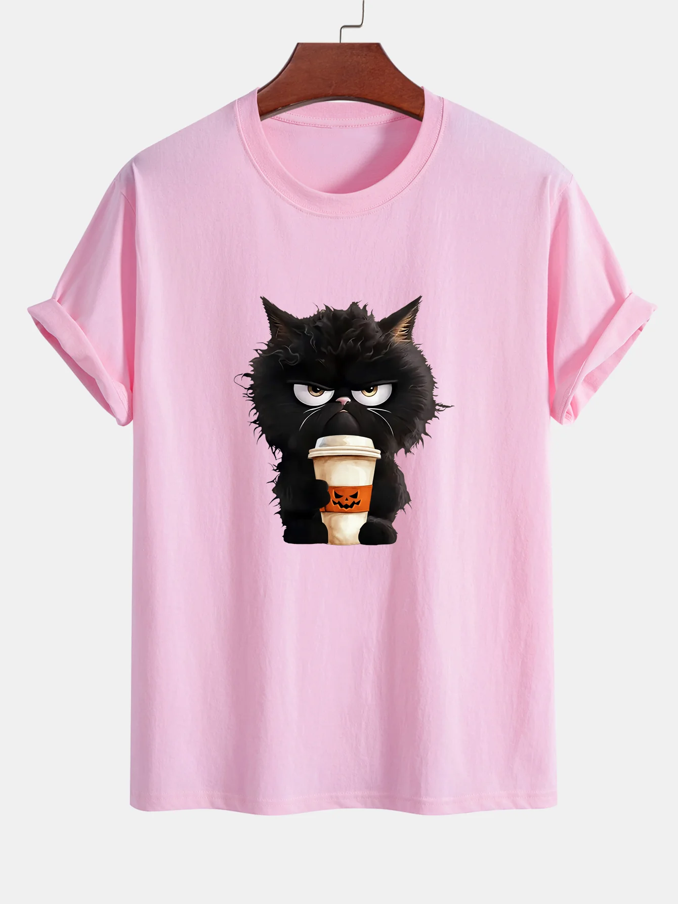Regular Fit Schwarzes Katzen-Motiv Kaffeetrinkendes Baumwoll-T-Shirt - Image 11
