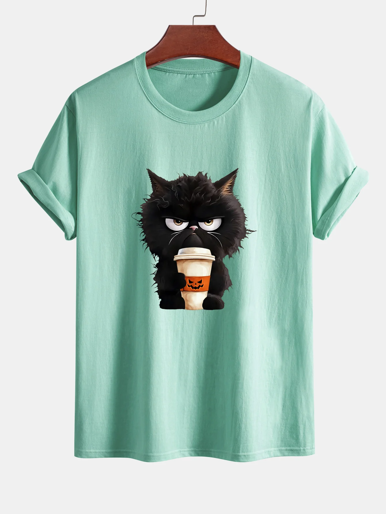 Regular Fit Schwarzes Katzen-Motiv Kaffeetrinkendes Baumwoll-T-Shirt - Image 12