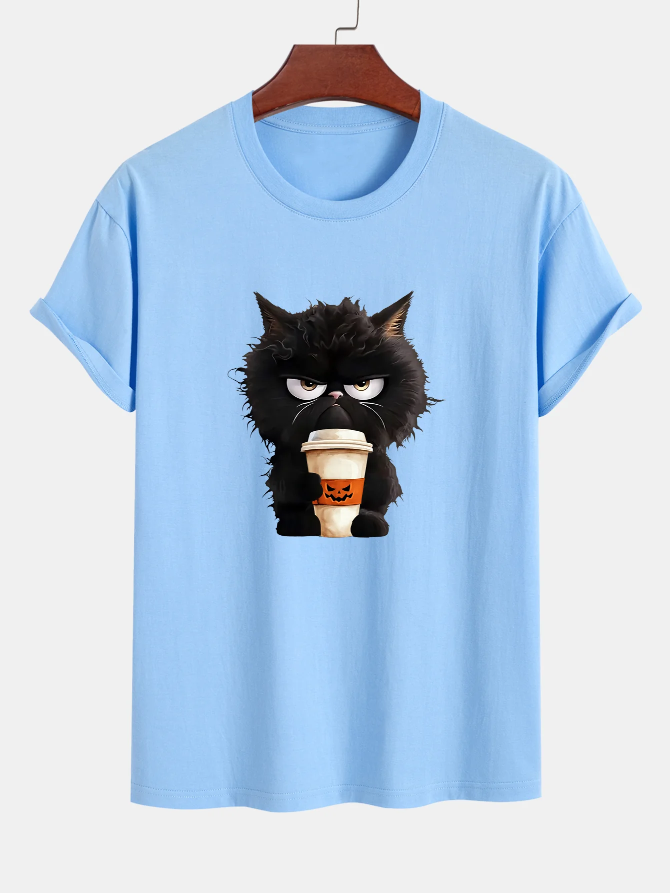 Regular Fit Schwarzes Katzen-Motiv Kaffeetrinkendes Baumwoll-T-Shirt - Image 13