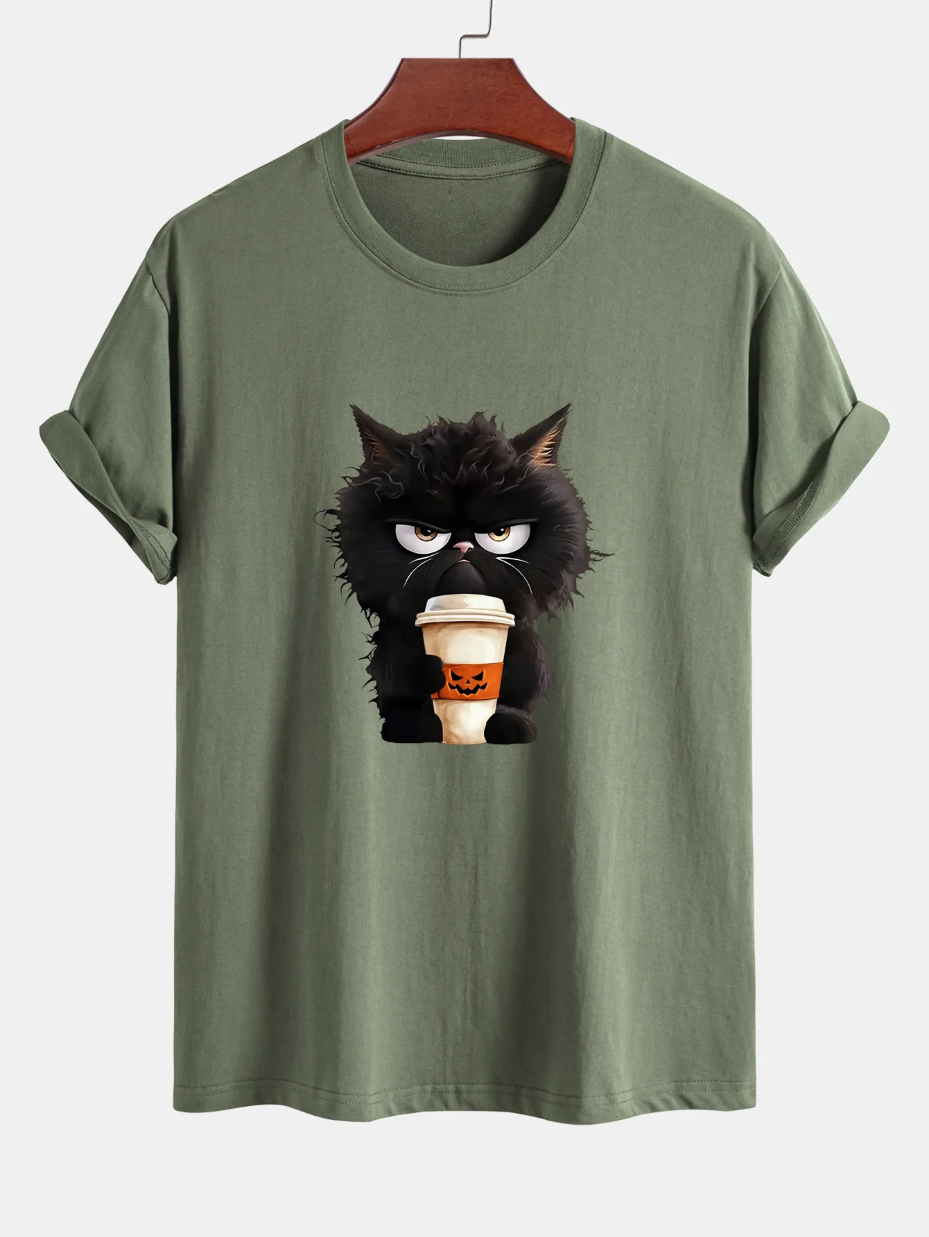 Regular Fit Schwarzes Katzen-Motiv Kaffeetrinkendes Baumwoll-T-Shirt - Image 14