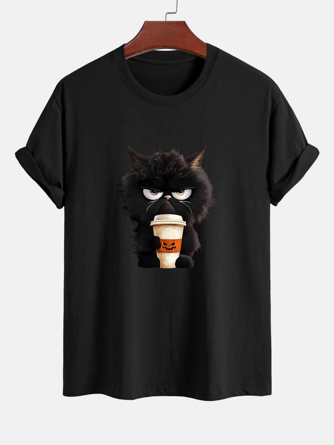 Regular Fit Schwarzes Katzen-Motiv Kaffeetrinkendes Baumwoll-T-Shirt - Image 2