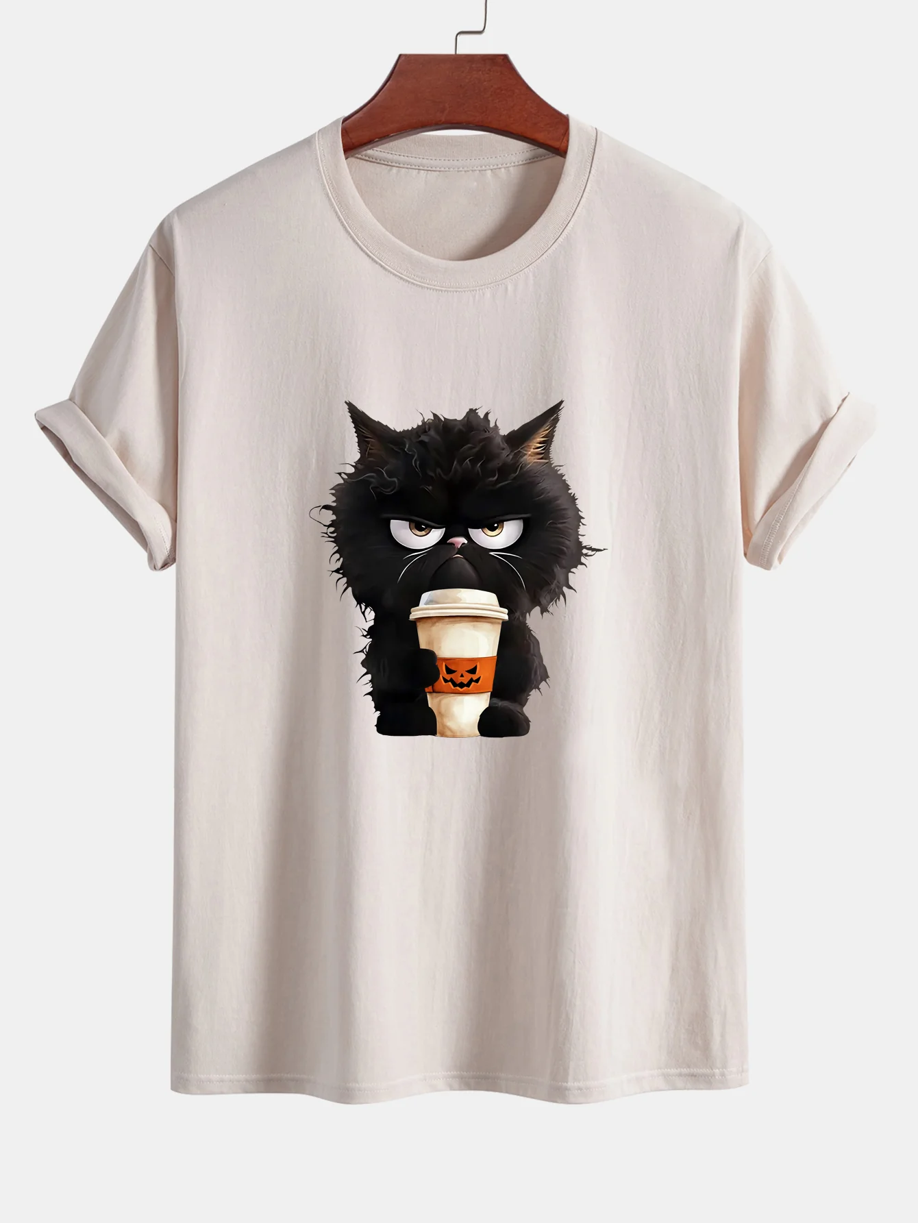 Regular Fit Schwarzes Katzen-Motiv Kaffeetrinkendes Baumwoll-T-Shirt - Image 3