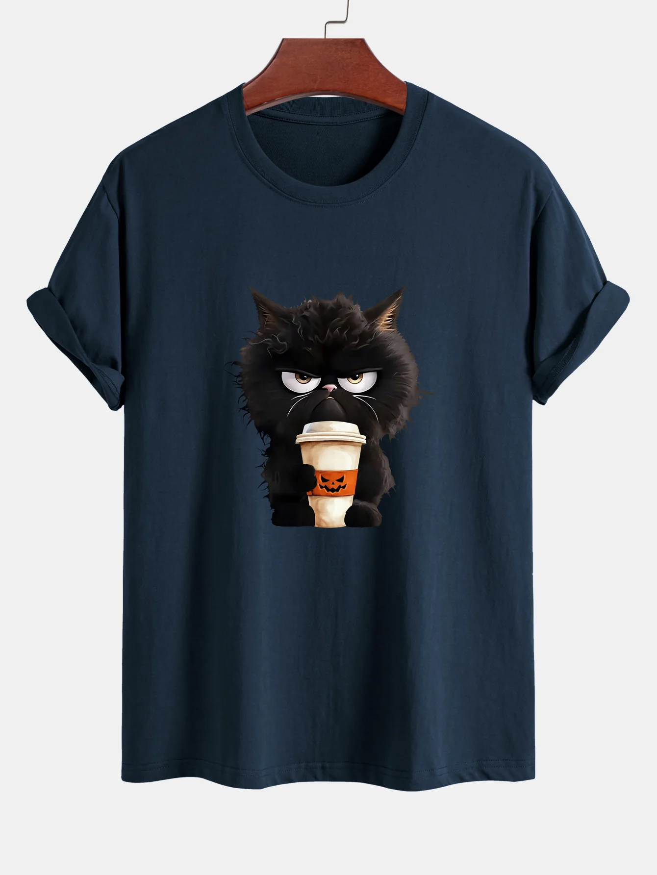 Regular Fit Schwarzes Katzen-Motiv Kaffeetrinkendes Baumwoll-T-Shirt - Image 4