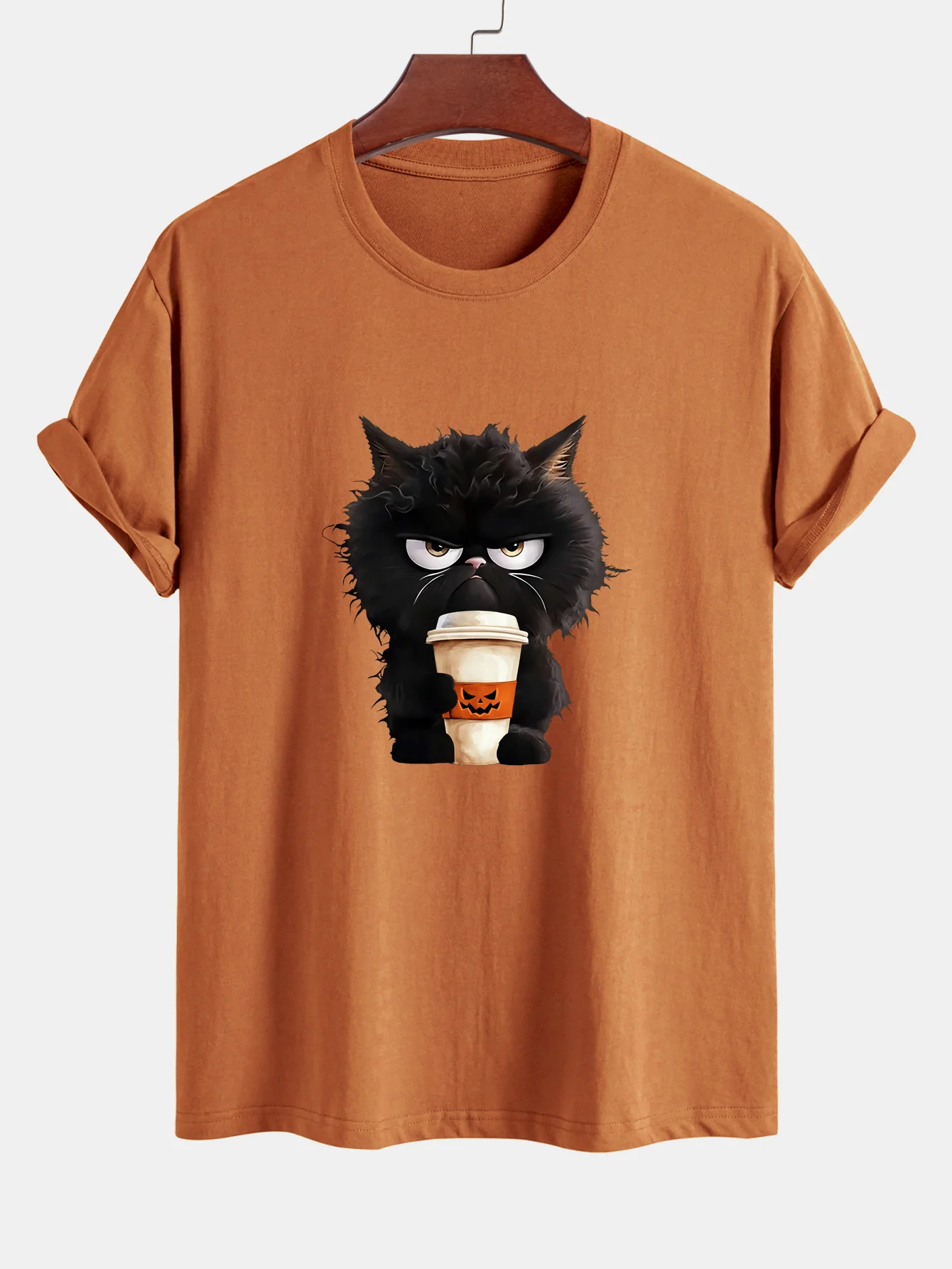 Regular Fit Schwarzes Katzen-Motiv Kaffeetrinkendes Baumwoll-T-Shirt - Image 5