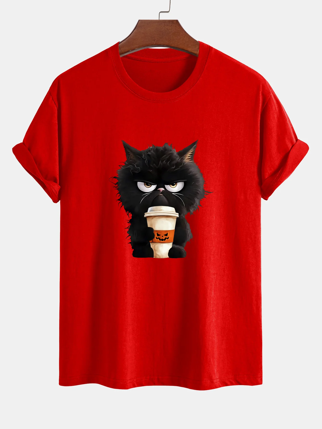 Regular Fit Schwarzes Katzen-Motiv Kaffeetrinkendes Baumwoll-T-Shirt - Image 6