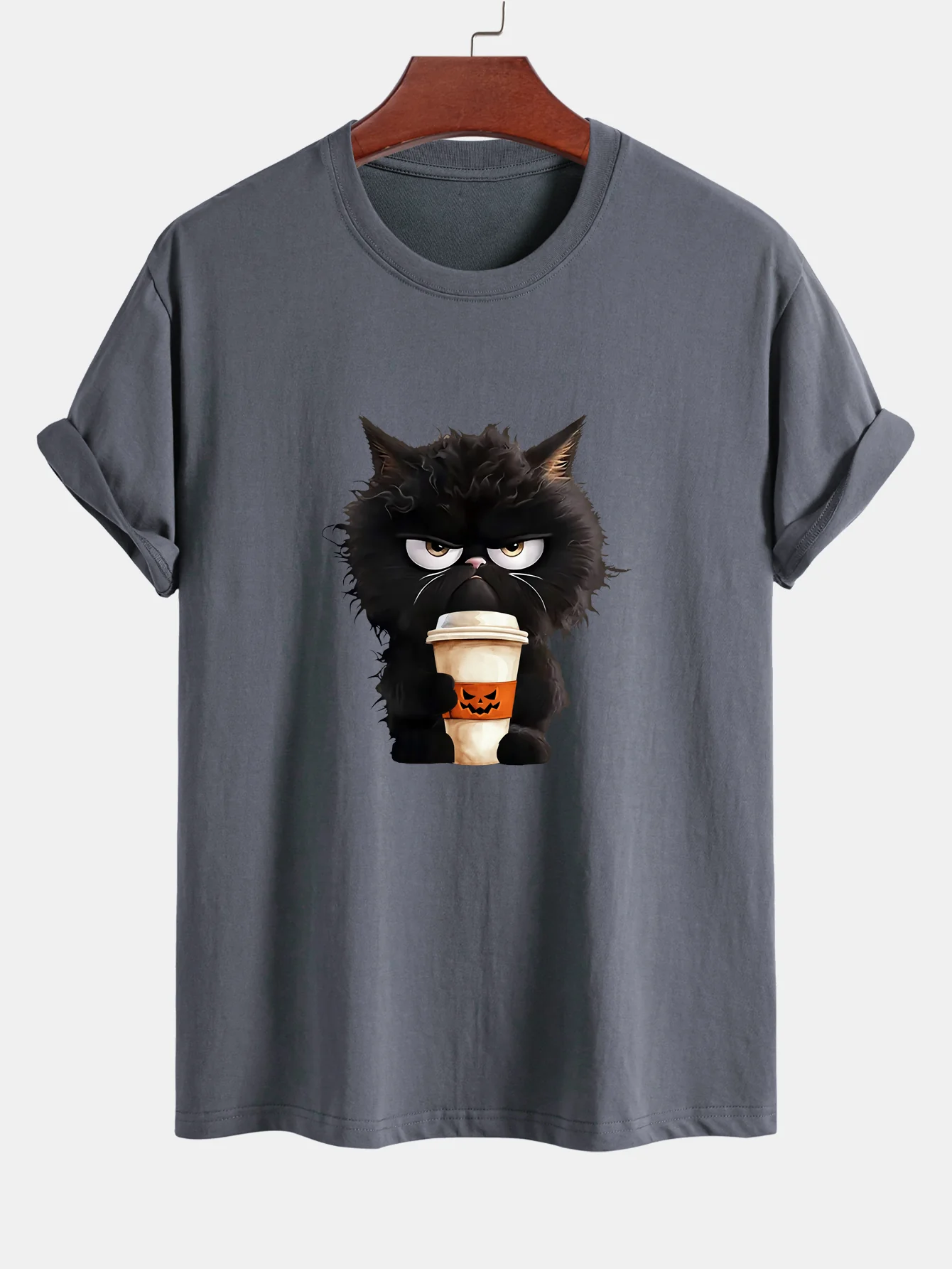 Regular Fit Schwarzes Katzen-Motiv Kaffeetrinkendes Baumwoll-T-Shirt - Image 7