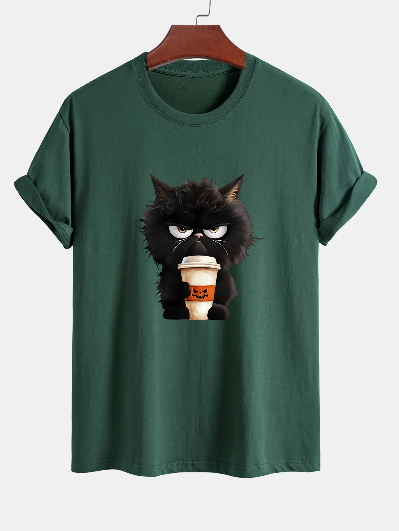 Regular Fit Schwarzes Katzen-Motiv Kaffeetrinkendes Baumwoll-T-Shirt - Image 8