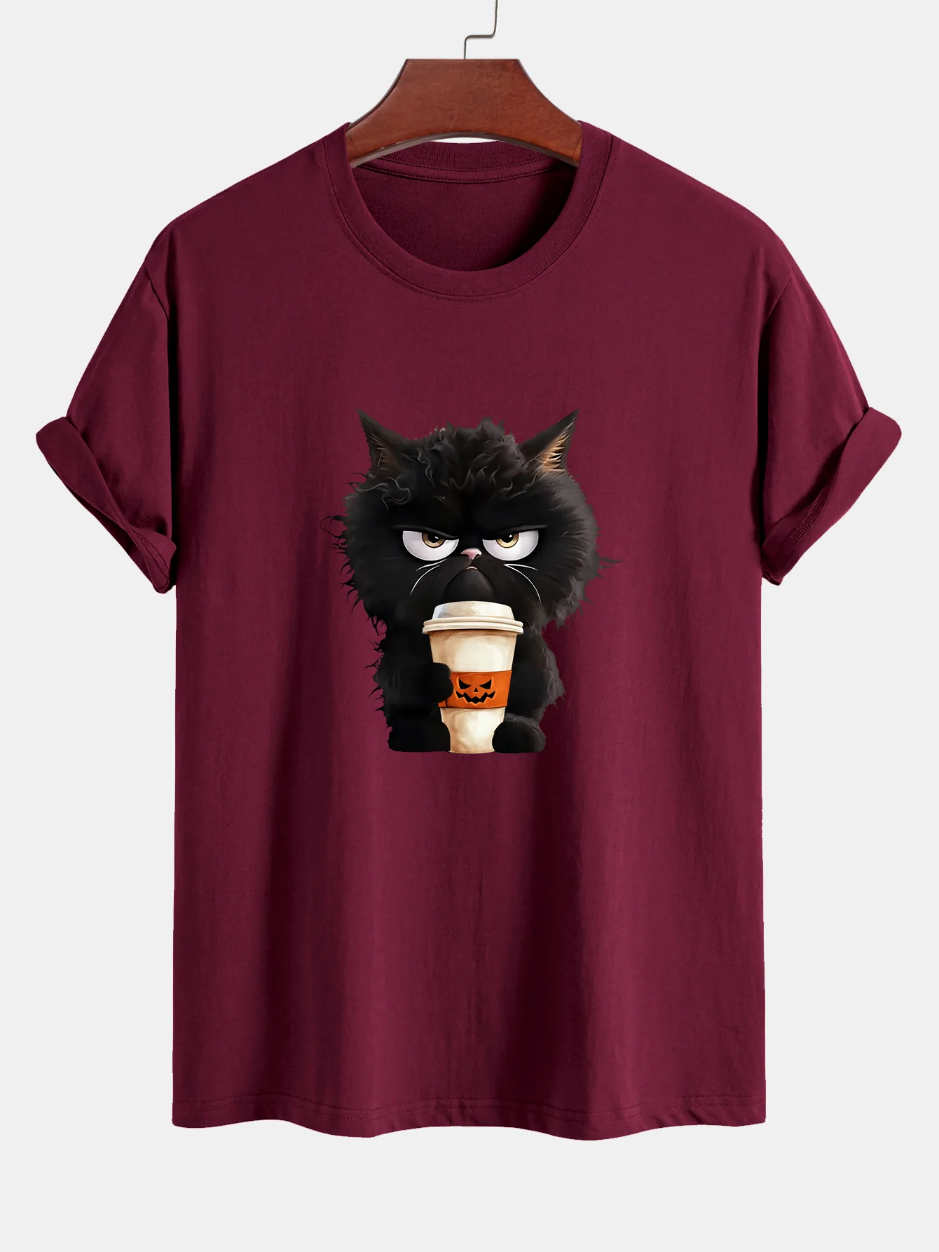 Regular Fit Schwarzes Katzen-Motiv Kaffeetrinkendes Baumwoll-T-Shirt - Image 9