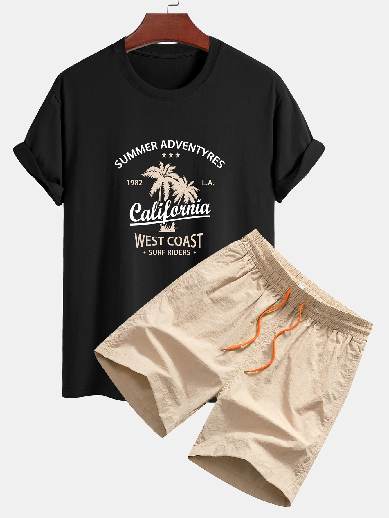 Regular Fit California Palm Tree Print Baumwoll-T-Shirt & Kordelzug Shorts - Image 2