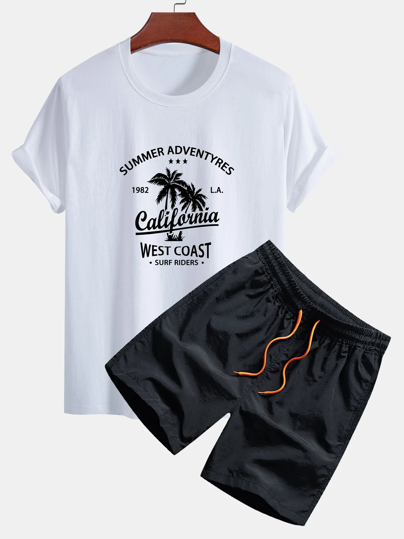 Regular Fit California Palm Tree Print Baumwoll-T-Shirt & Kordelzug Shorts - Image 3