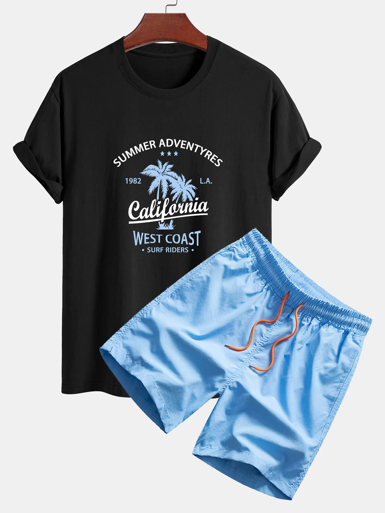 Regular Fit California Palm Tree Print Baumwoll-T-Shirt & Kordelzug Shorts - Image 4