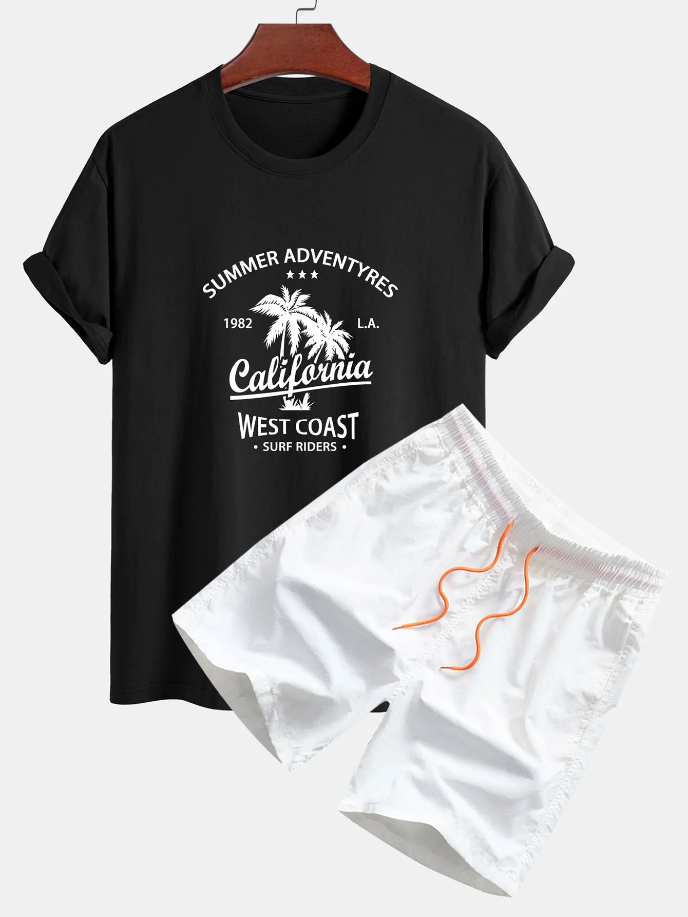 Regular Fit California Palm Tree Print Baumwoll-T-Shirt & Kordelzug Shorts - Image 7
