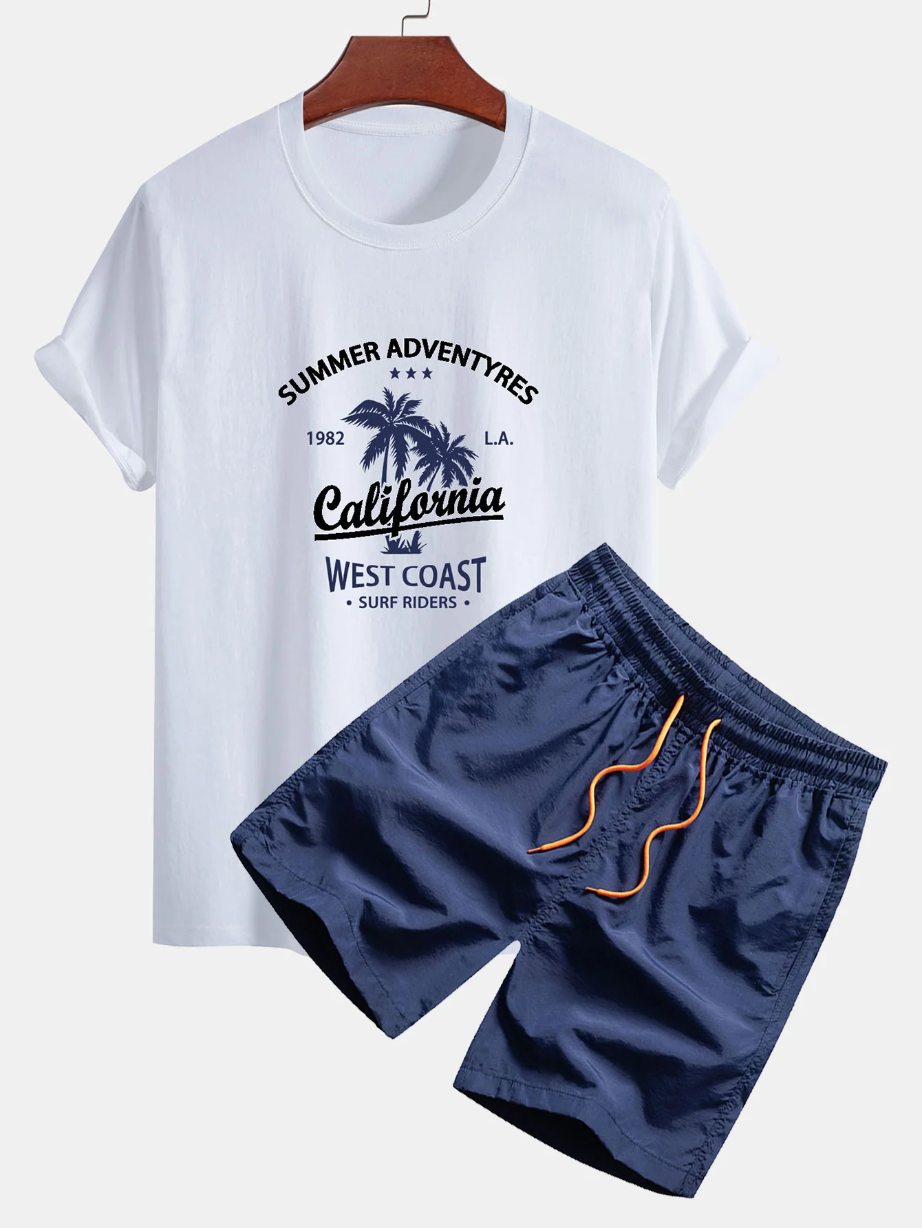 Regular Fit California Palm Tree Print Baumwoll-T-Shirt & Kordelzug Shorts - Image 8