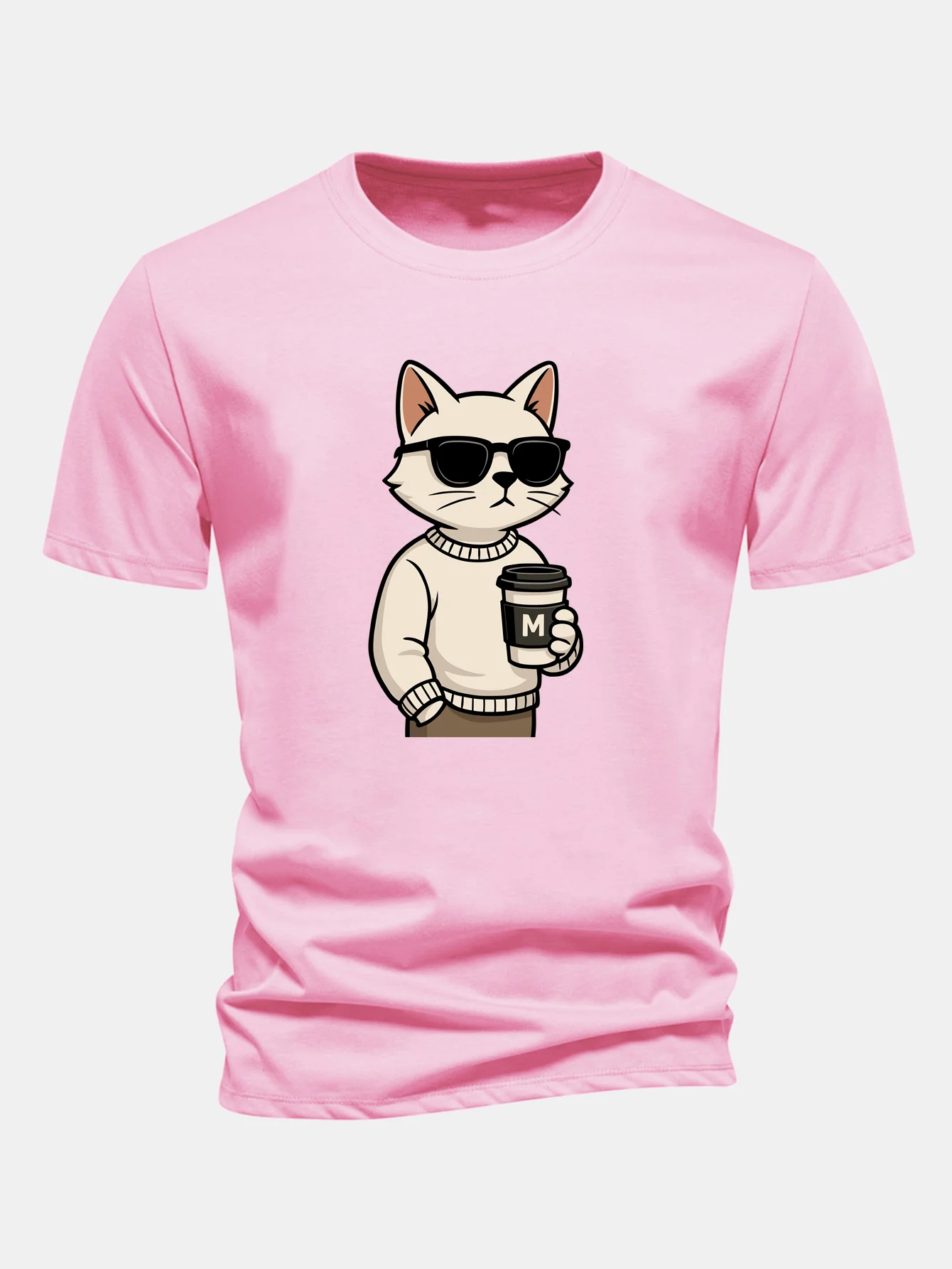 Regular Fit Cat Drinking Coffee Print Cotton T-Shirt - Image 10