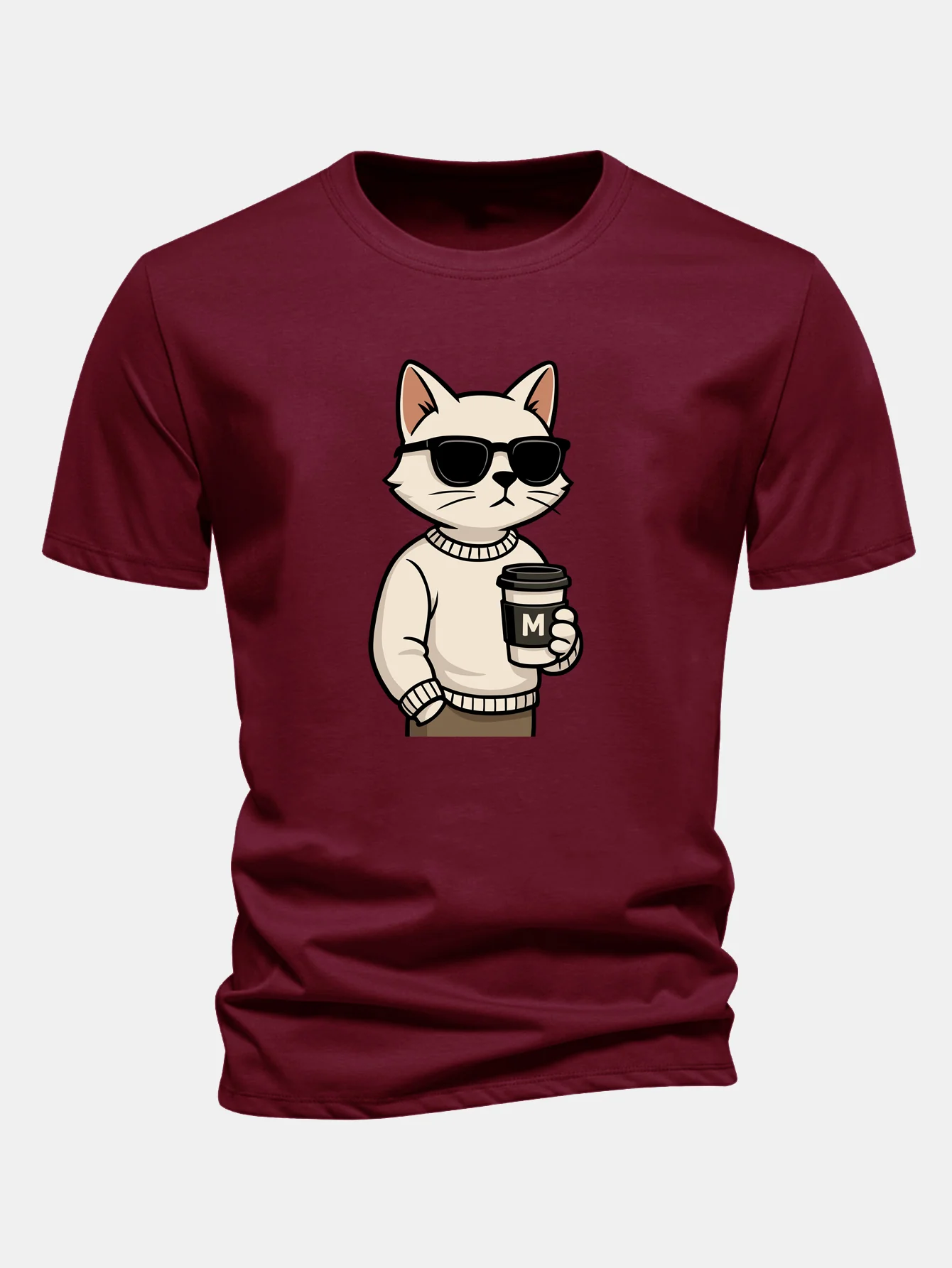 Regular Fit Cat Drinking Coffee Print Cotton T-Shirt - Image 11