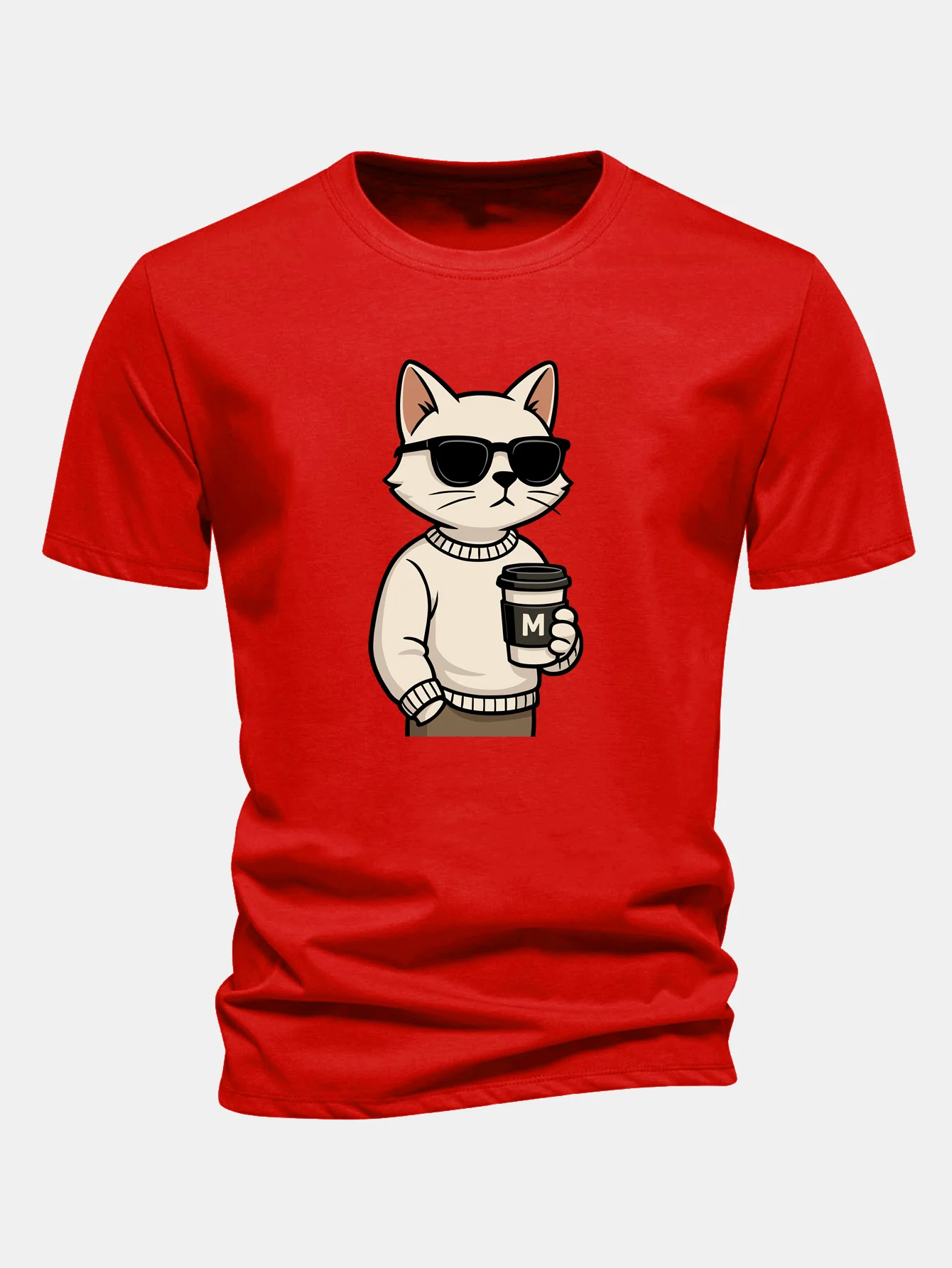 Regular Fit Cat Drinking Coffee Print Cotton T-Shirt - Image 12