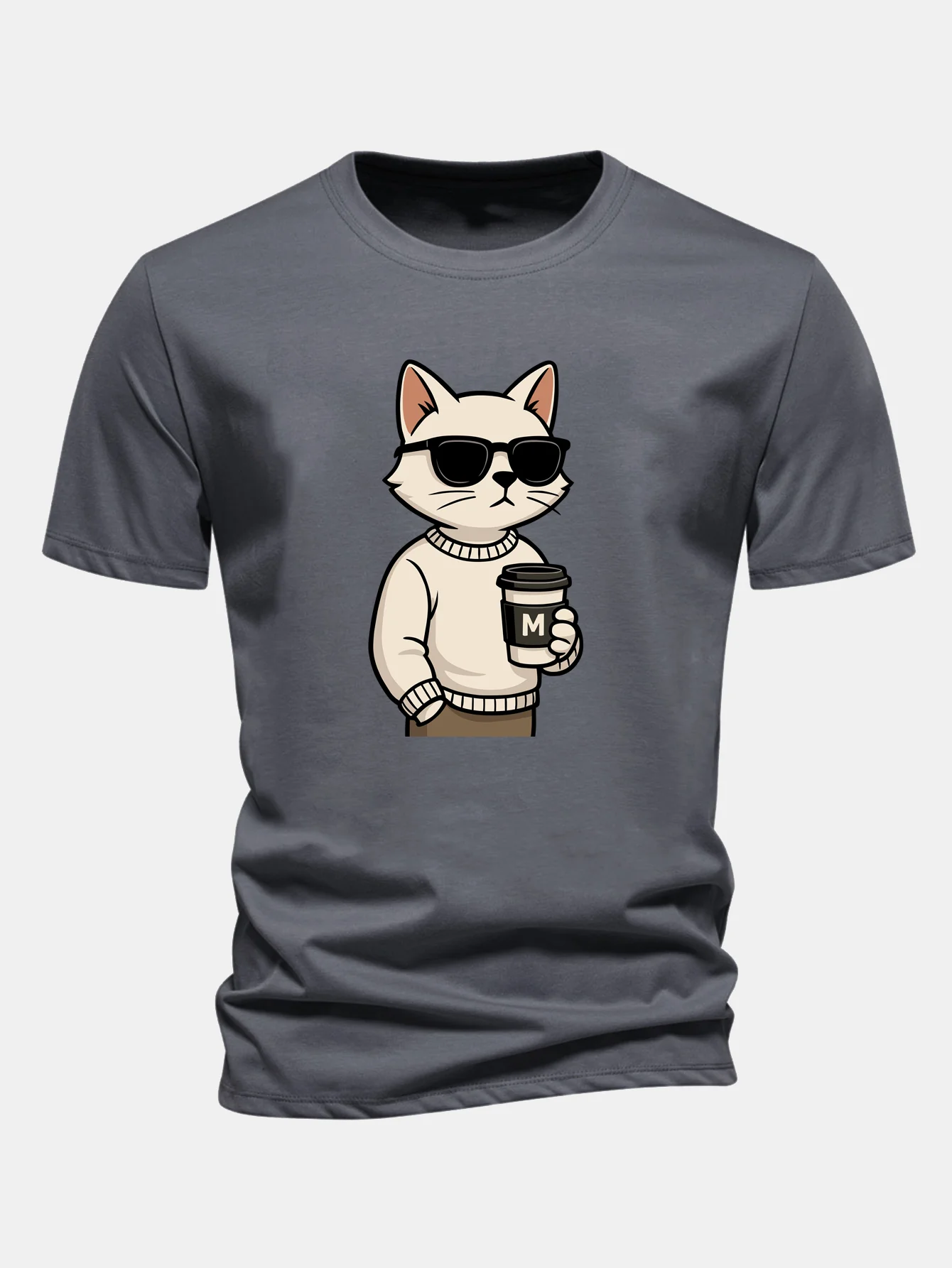 Regular Fit Cat Drinking Coffee Print Cotton T-Shirt - Image 2