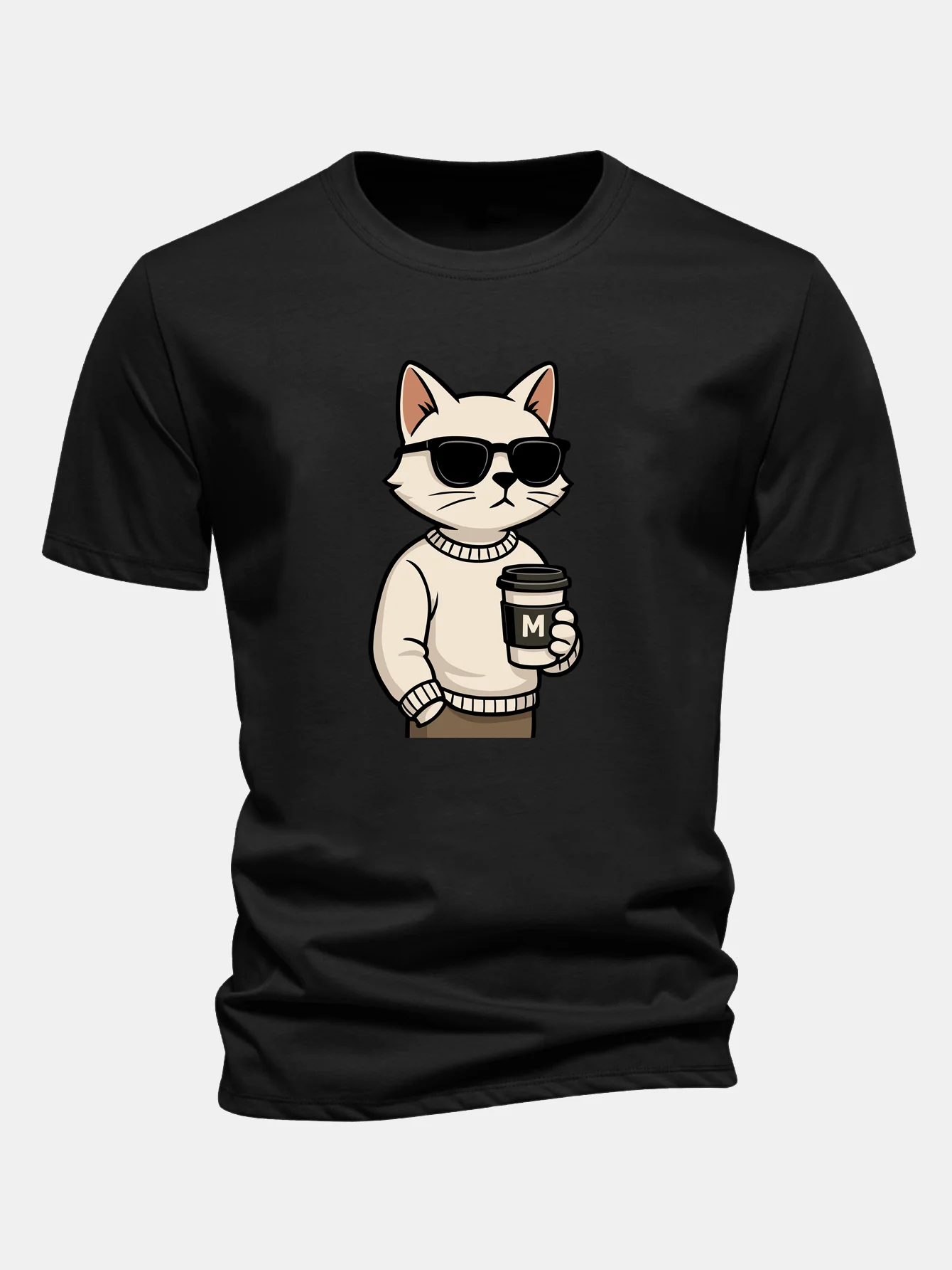 Regular Fit Cat Drinking Coffee Print Cotton T-Shirt - Image 3