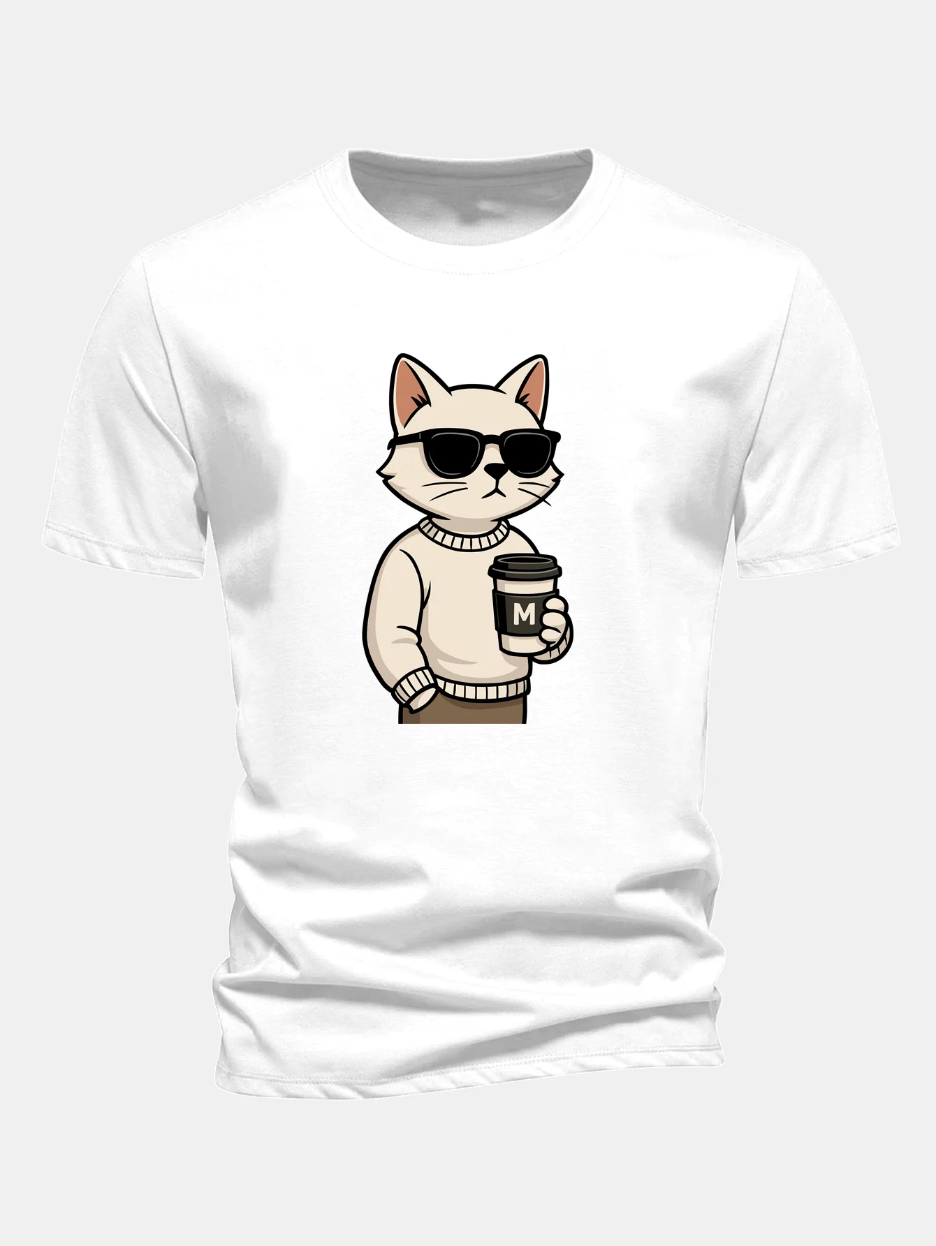 Regular Fit Cat Drinking Coffee Print Cotton T-Shirt - Image 4