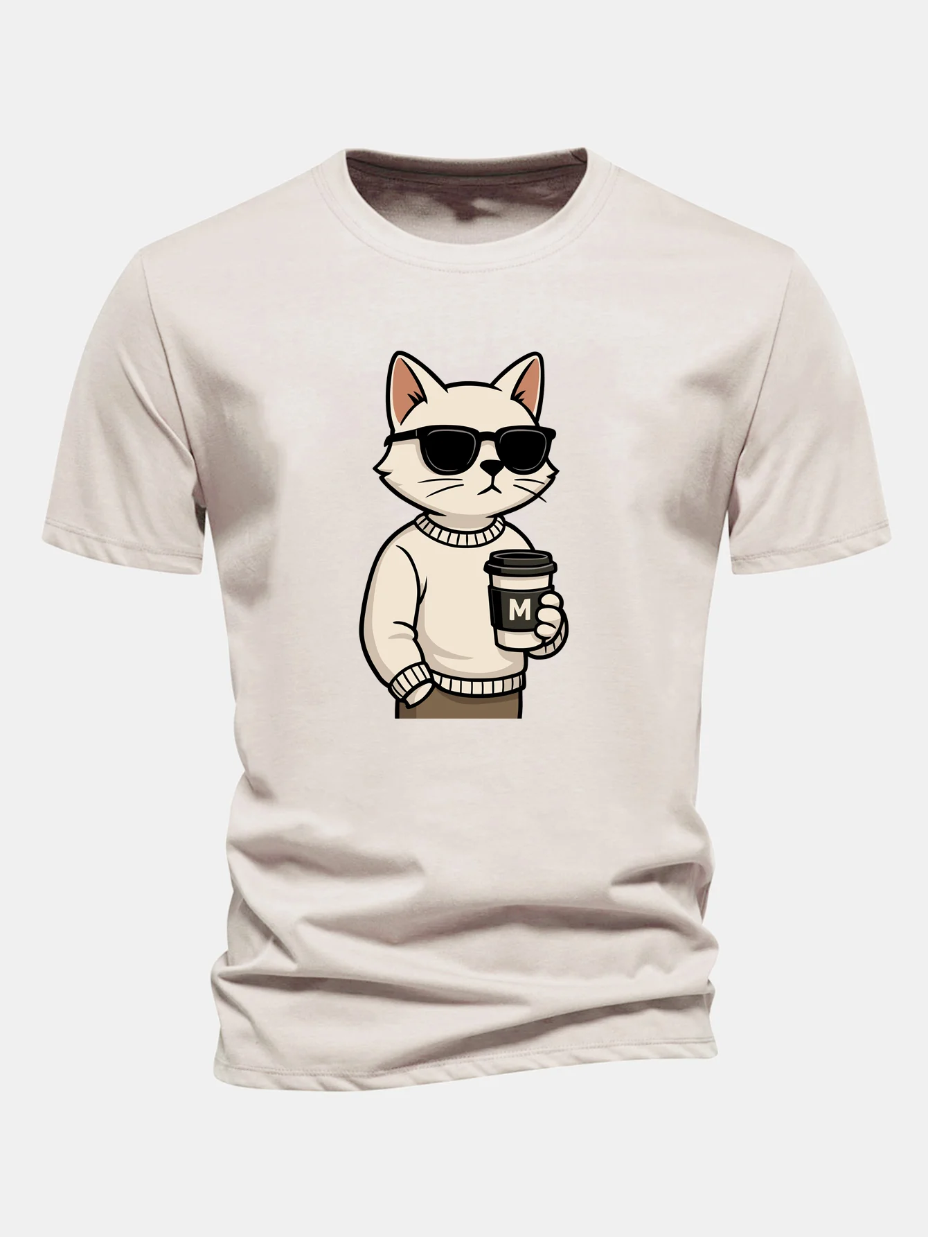 Regular Fit Cat Drinking Coffee Print Cotton T-Shirt - Image 5