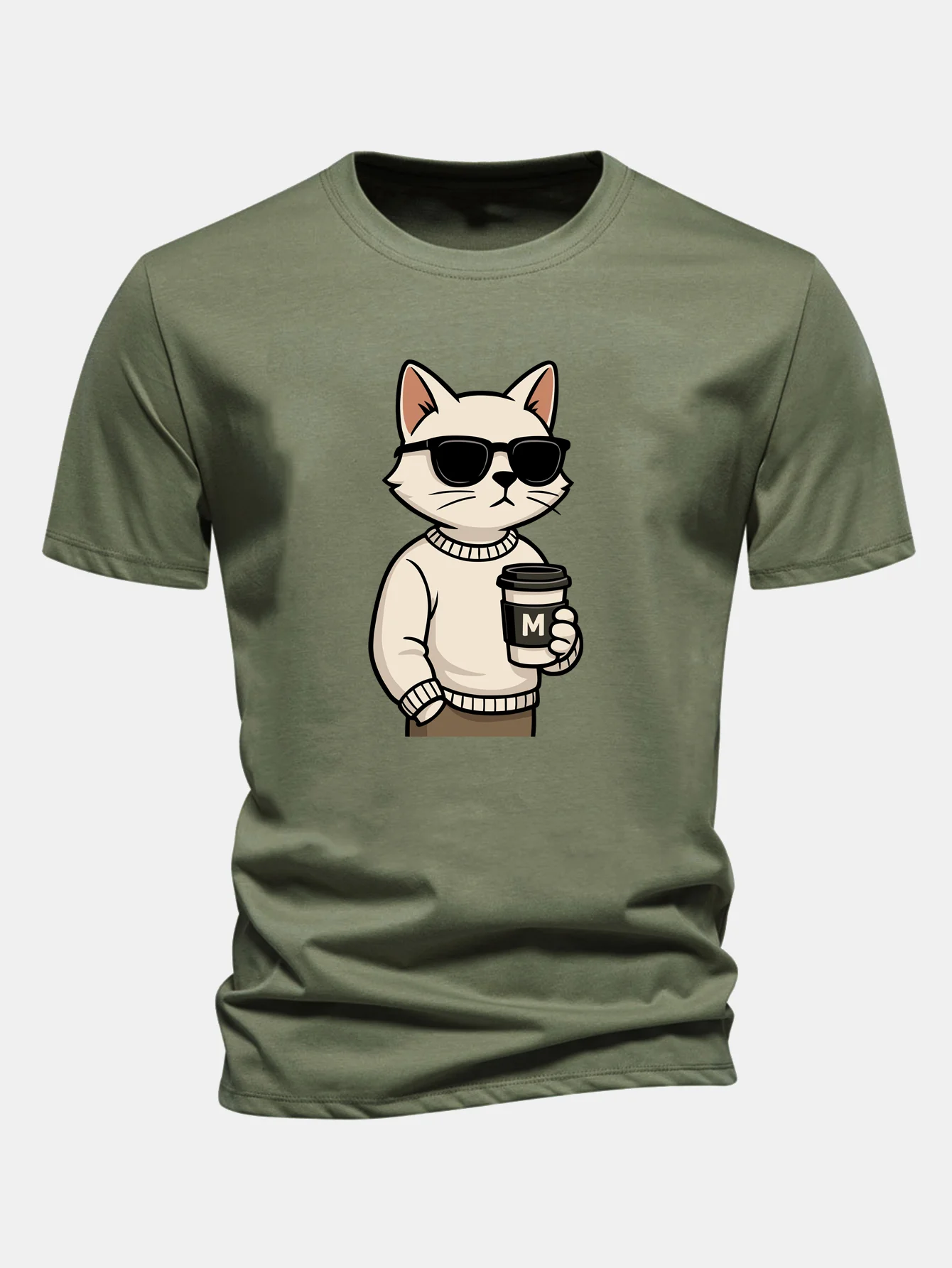 Regular Fit Cat Drinking Coffee Print Cotton T-Shirt - Image 6