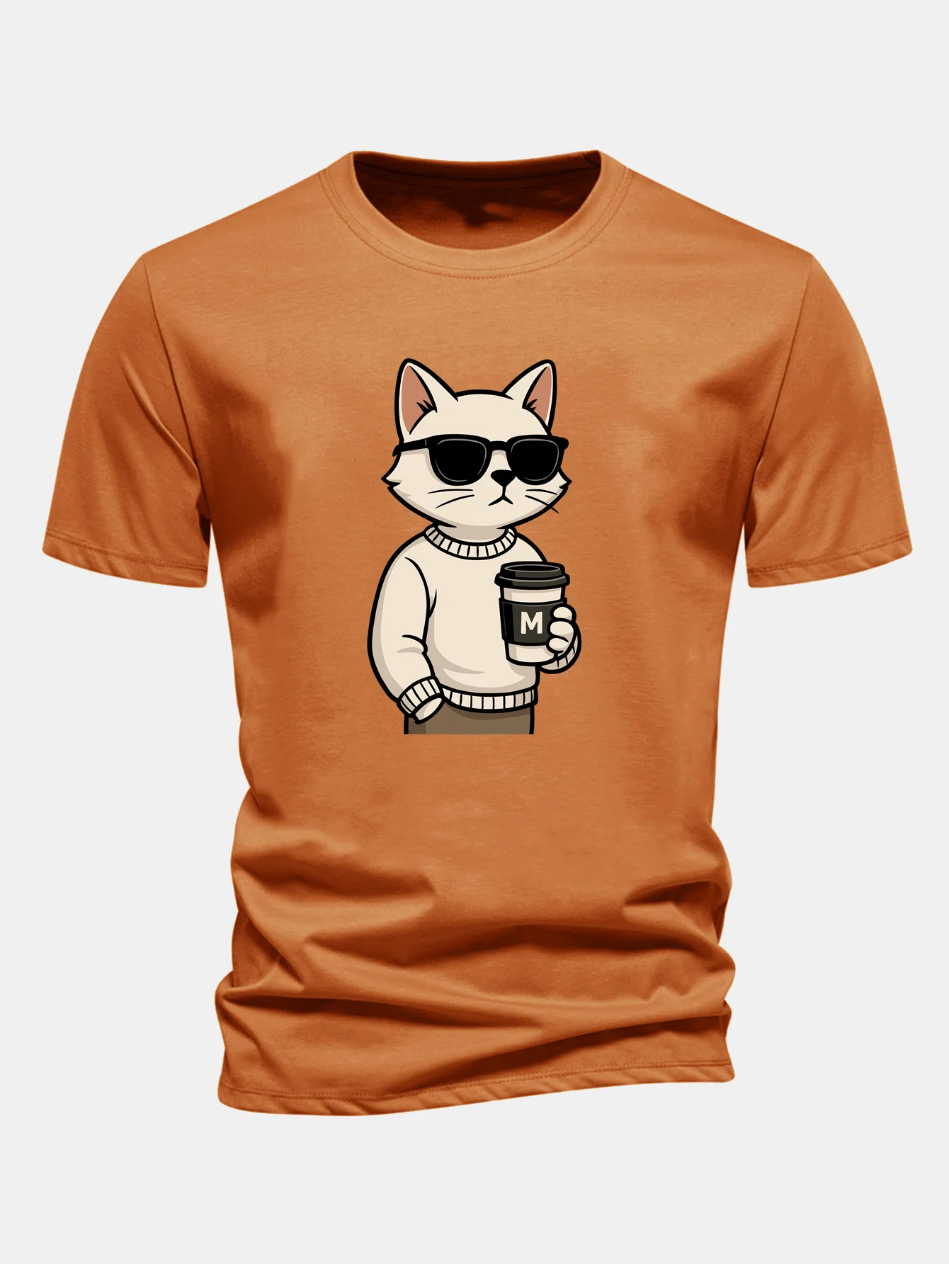 Regular Fit Cat Drinking Coffee Print Cotton T-Shirt - Image 7