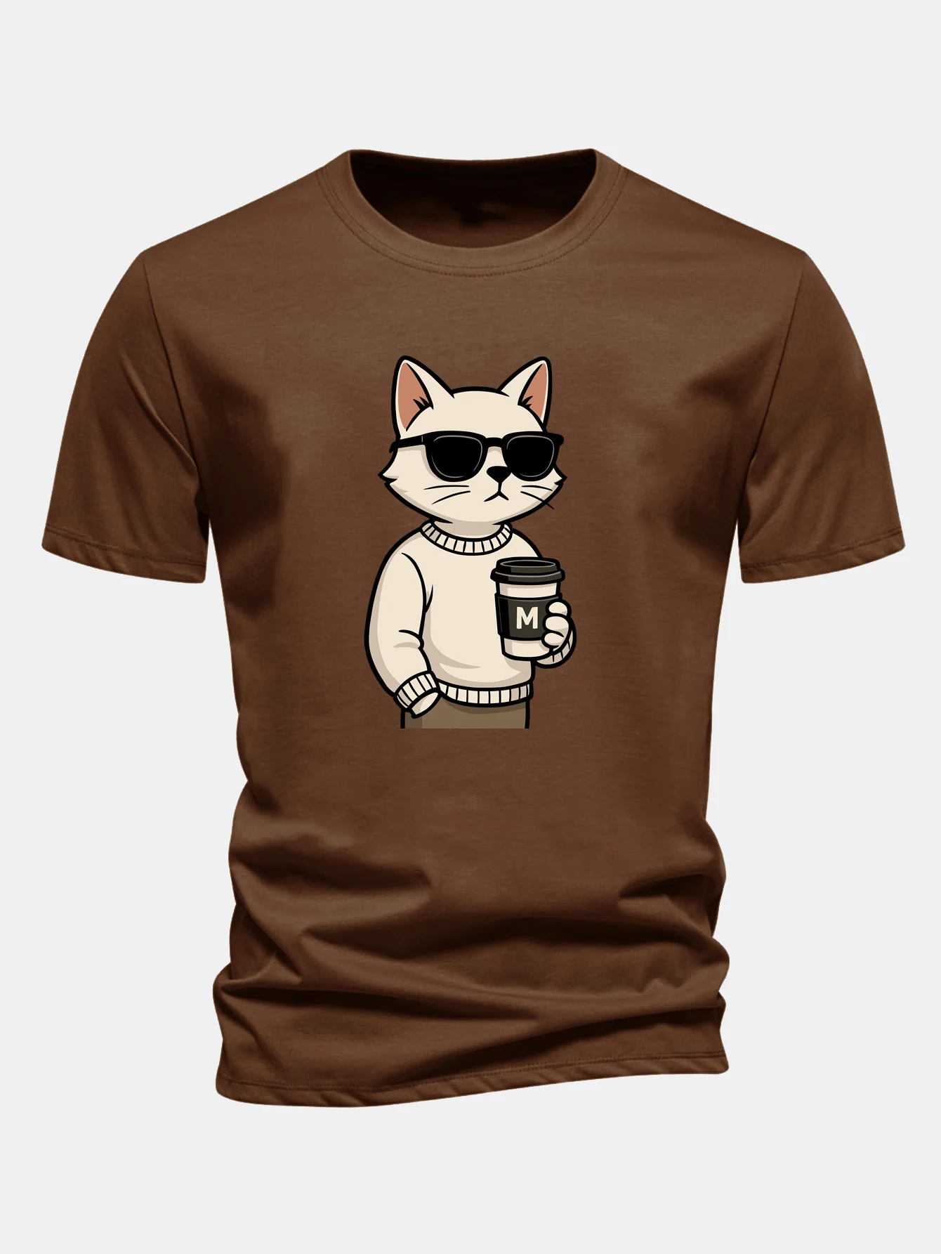 Regular Fit Cat Drinking Coffee Print Cotton T-Shirt - Image 8