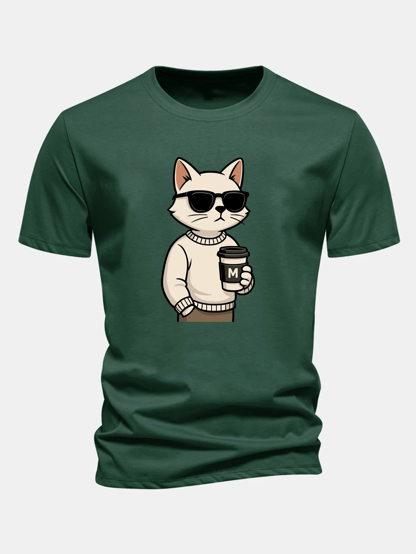 Regular Fit Cat Drinking Coffee Print Cotton T-Shirt - Image 9