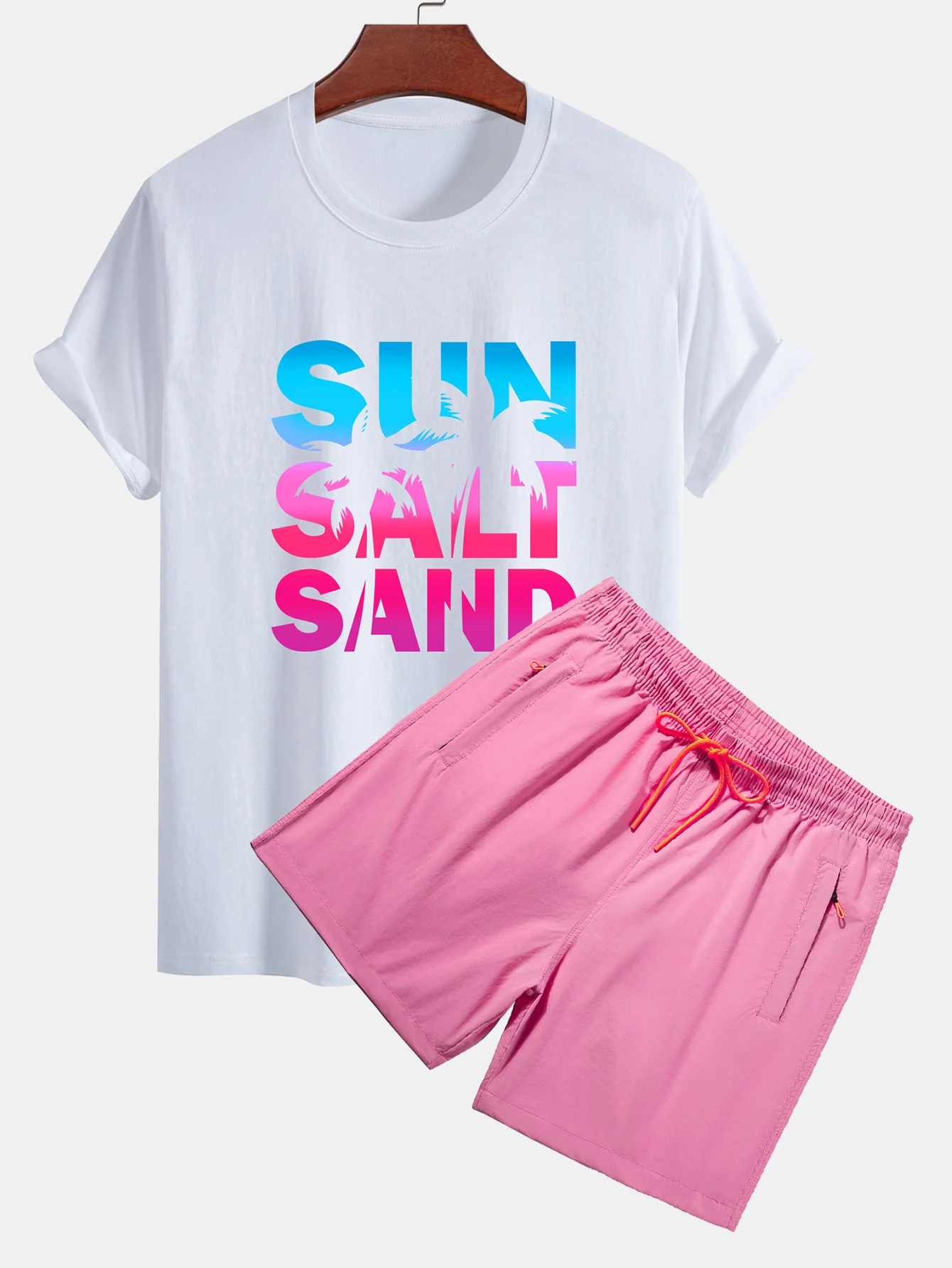 Regular Fit Buntes Sun Salt Sand Print Baumwoll-T-Shirt & Zip Pocket Swim Shorts - Image 2