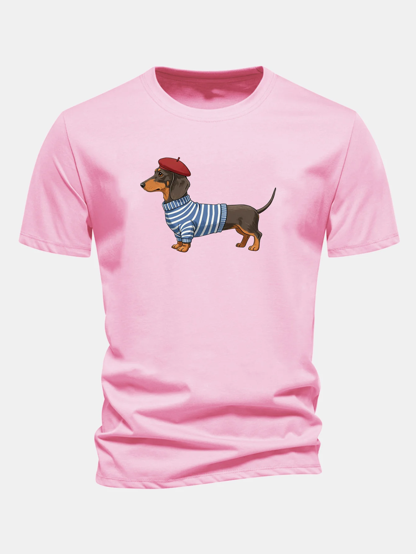 Regular Fit Dachshund Wearing Striped Sweater Print Cotton T-Shirt