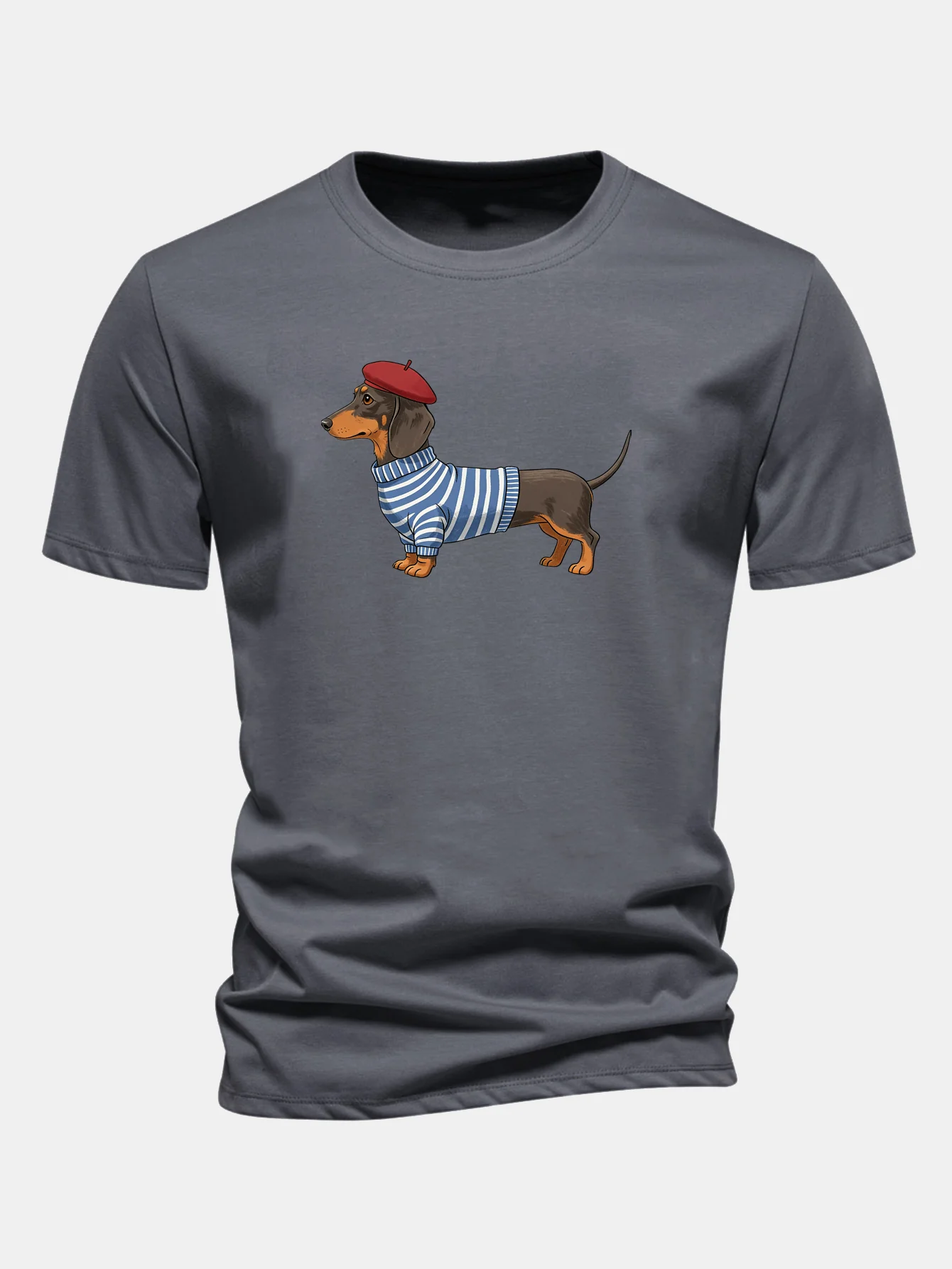 Regular Fit Dachshund Wearing Striped Sweater Print Cotton T-Shirt - Image 10