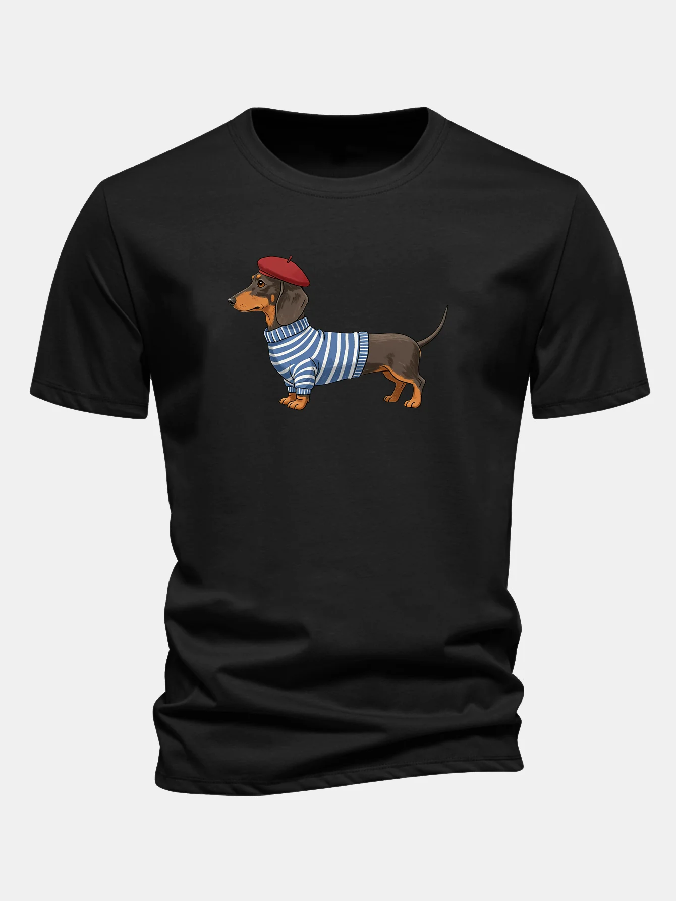 Regular Fit Dachshund Wearing Striped Sweater Print Cotton T-Shirt - Image 11