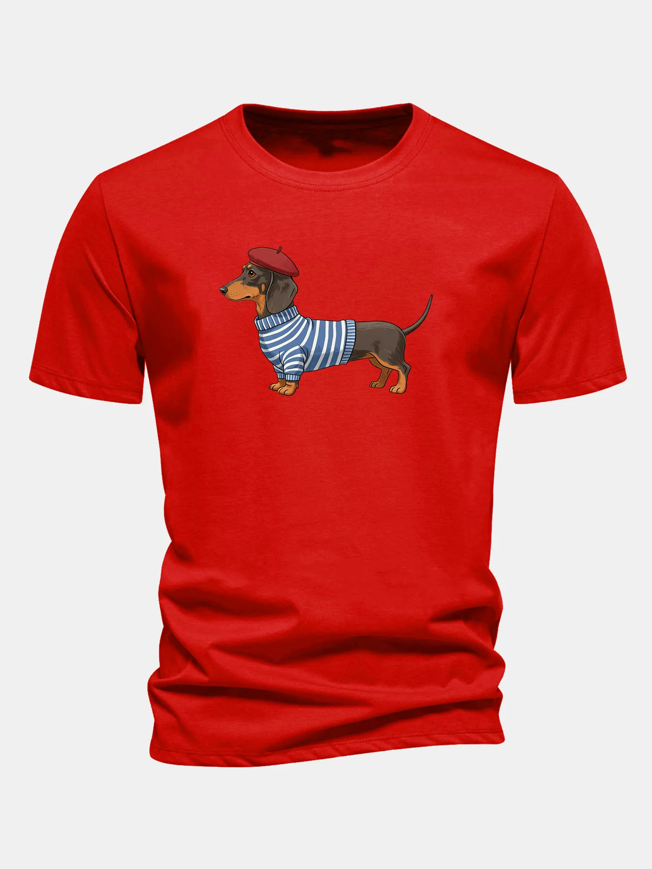 Regular Fit Dachshund Wearing Striped Sweater Print Cotton T-Shirt - Image 12