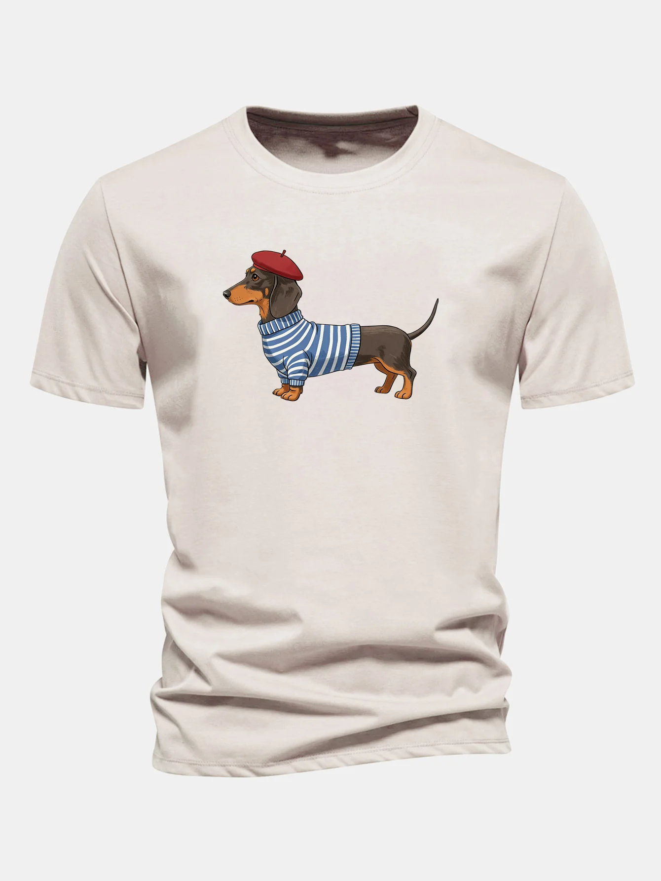 Regular Fit Dachshund Wearing Striped Sweater Print Cotton T-Shirt - Image 2