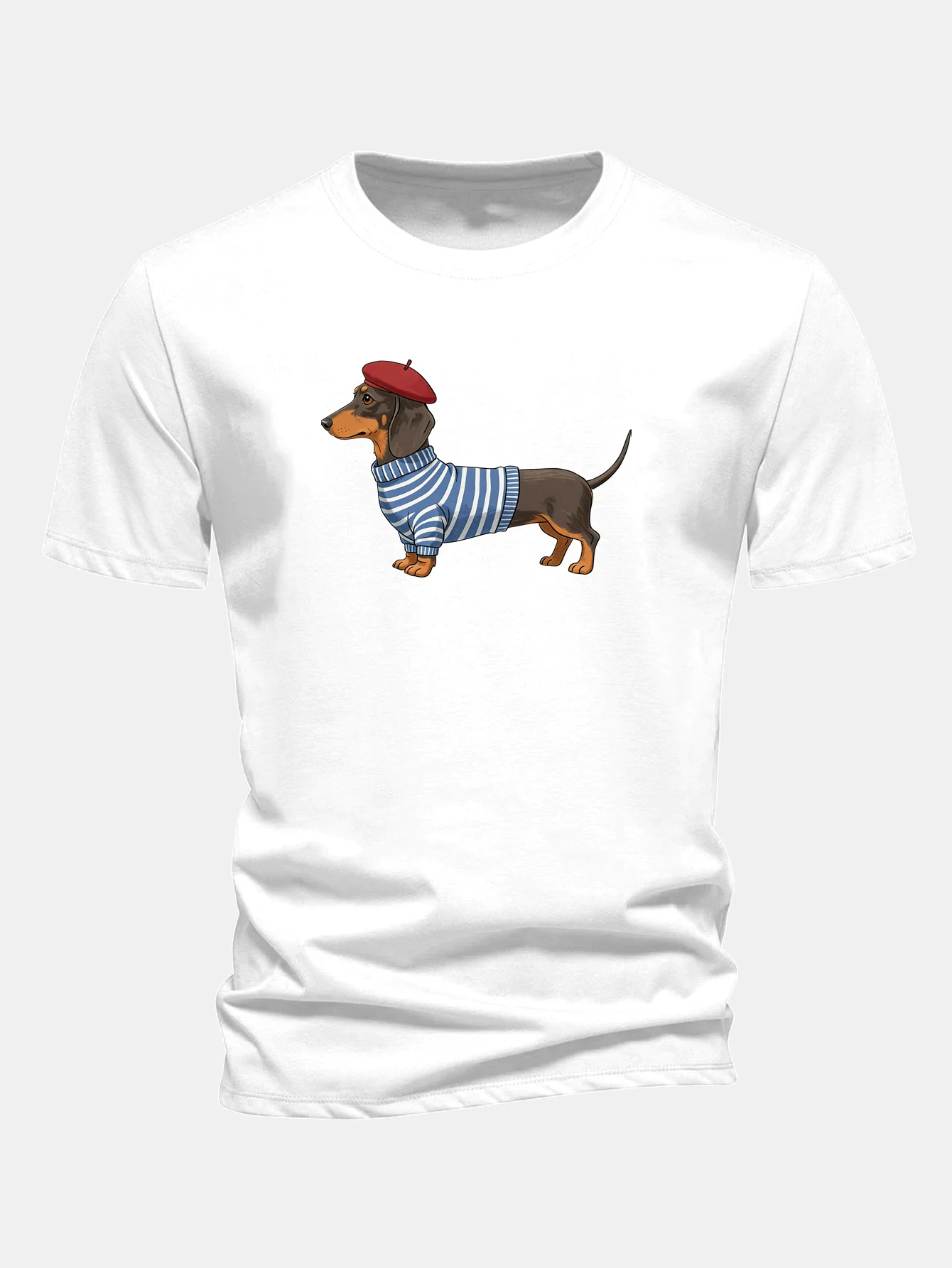 Regular Fit Dachshund Wearing Striped Sweater Print Cotton T-Shirt - Image 3