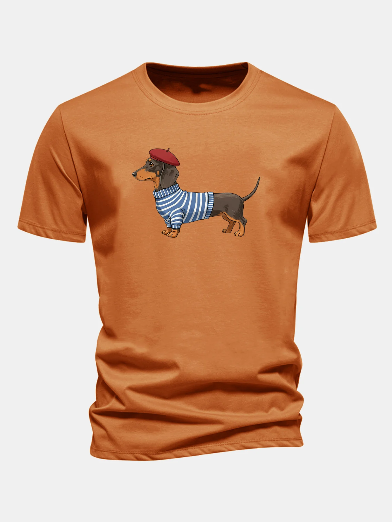 Regular Fit Dachshund Wearing Striped Sweater Print Cotton T-Shirt - Image 5